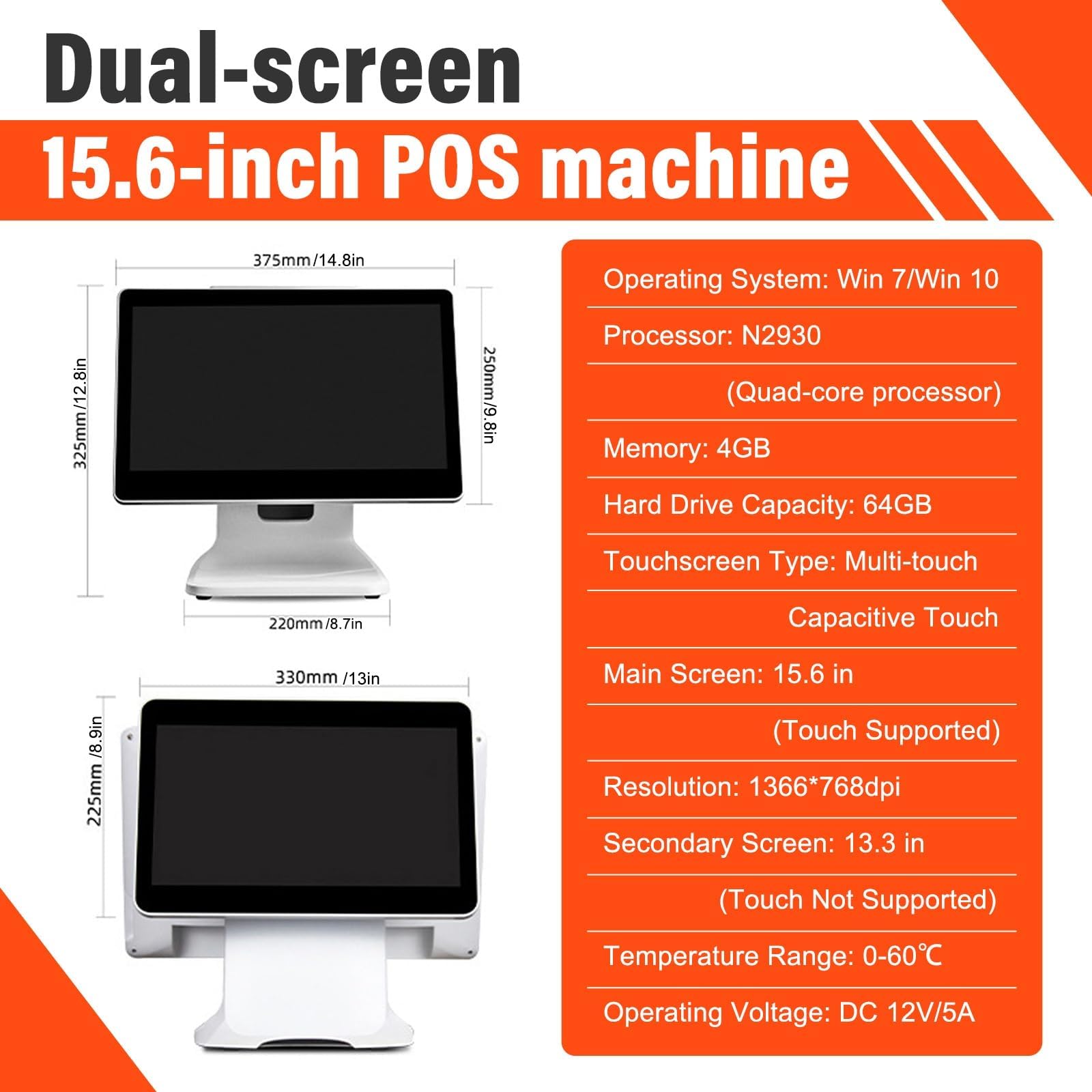 Registratore di cassa del sistema del punto di vendita, macchina doppia di posizione dell'esposizione del touch screen con l'esposizione del cliente per la vendita al dettaglio, i ristoranti, i caffè