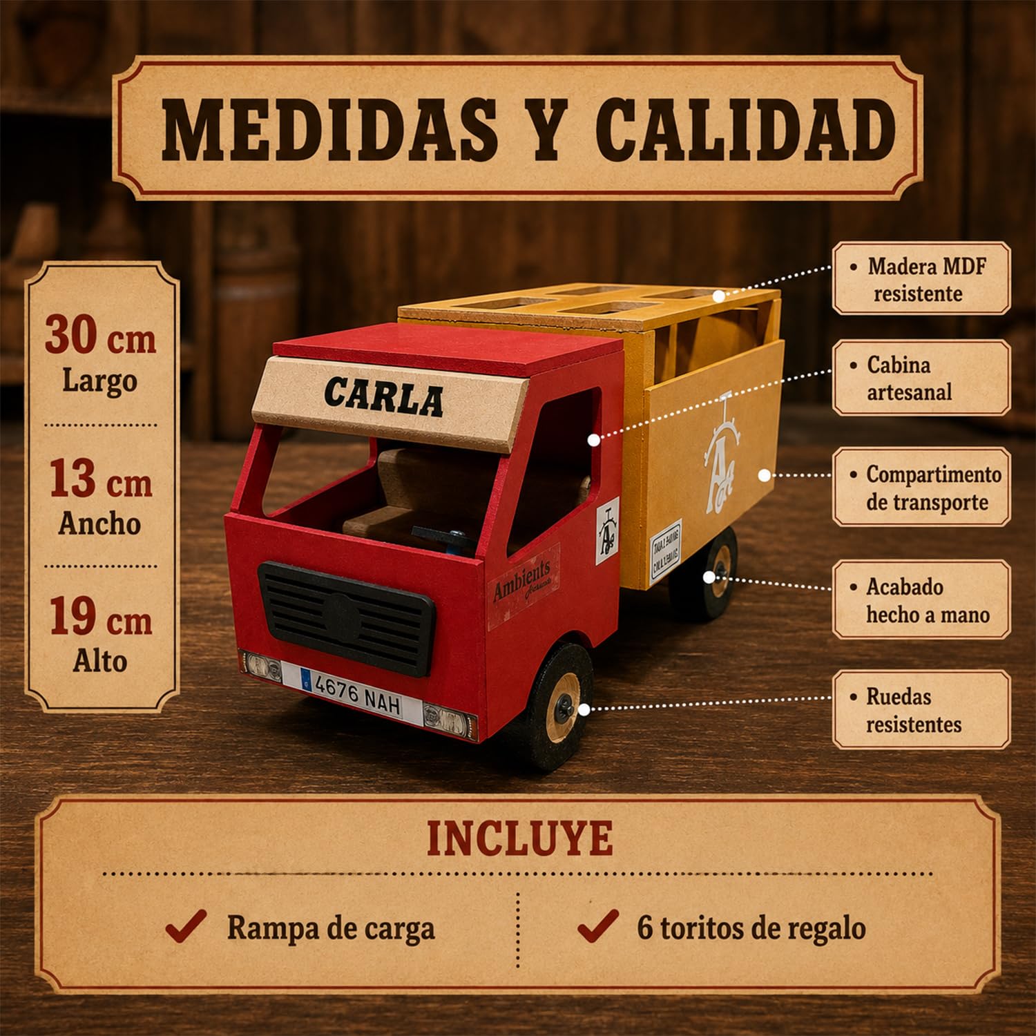Camión de Toros Personalizable de Juguete, Transporte Taurino Artesanal MDF con Rampa Funcional, Incluye 6 Toritos, Vehículo Tradicional Infantil Decorativo, Regalo Original 30x13x19 cm