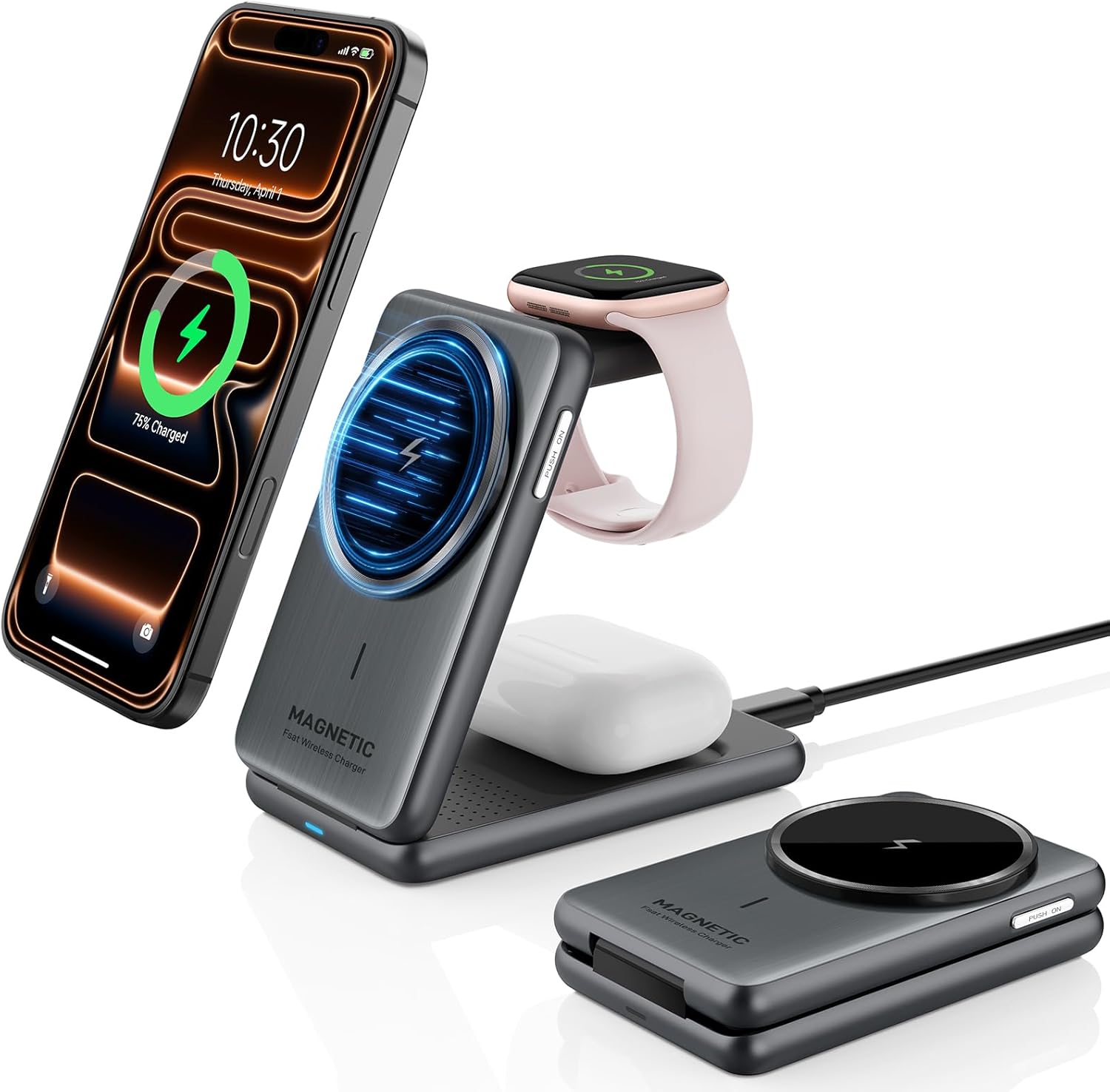 Wireless Charger for Apple, 3 in 1 MagSafe Charger Foldable Magnetic Charger for iPhone 17/16/15/14 Series, Airpods Pro 2, iWatch Series 10/9/8/7, Travel Charging Station for Apple Multiple Devices