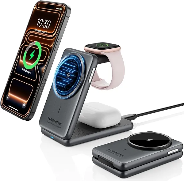 Wireless Charger for Apple, 3 in 1 MagSafe Charger Foldable Magnetic Charger for iPhone 17/16/15/14 Series, Airpods Pro 2, iWatch Series 10/9/8/7, Travel Charging Station for Apple Multiple Devices