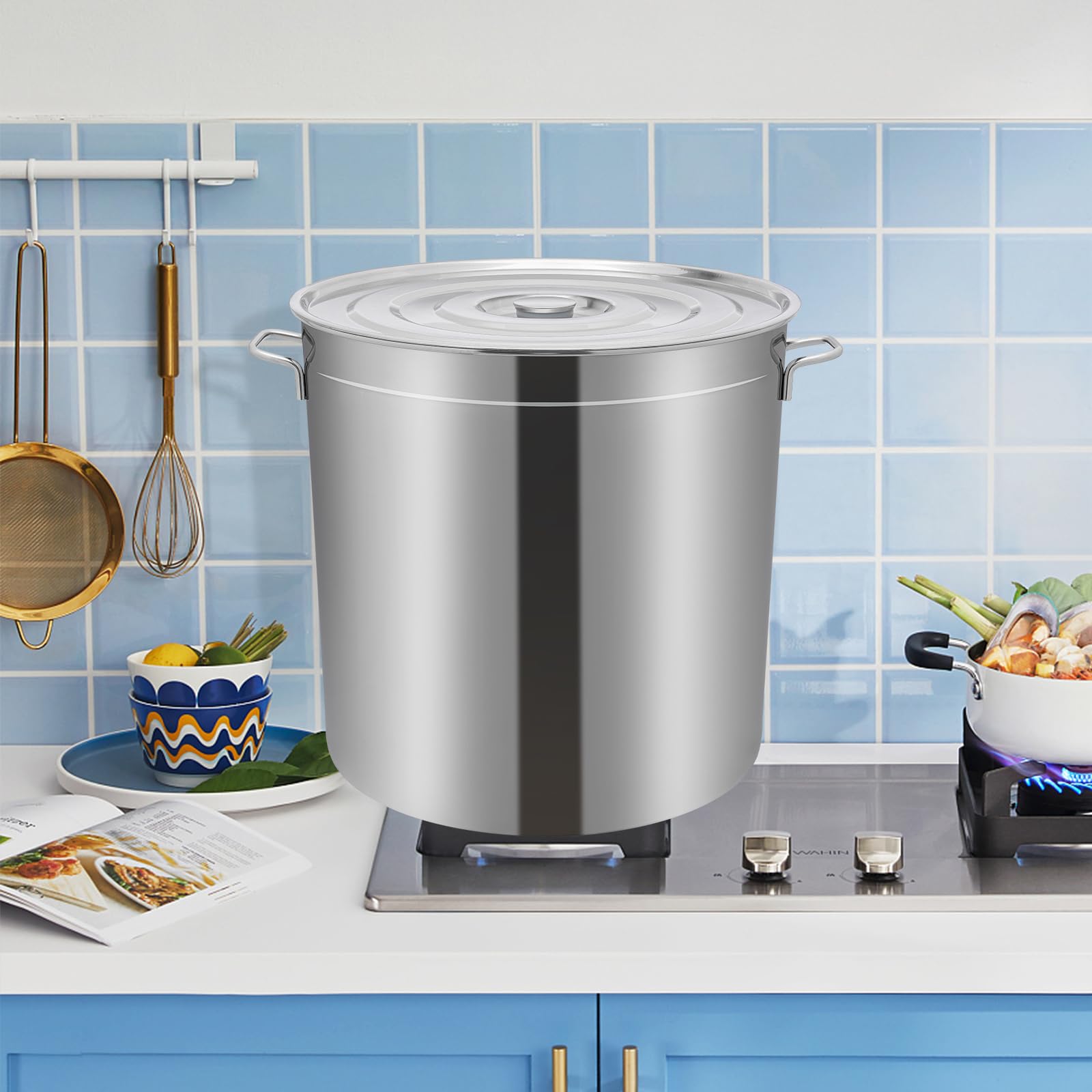 Grande pentola in acciaio inox con coperchio, 50 l, universale, con cestello funzionale da 40 l, per ristorante, all'aperto, campeggio, 49,5 x 49,5 cm