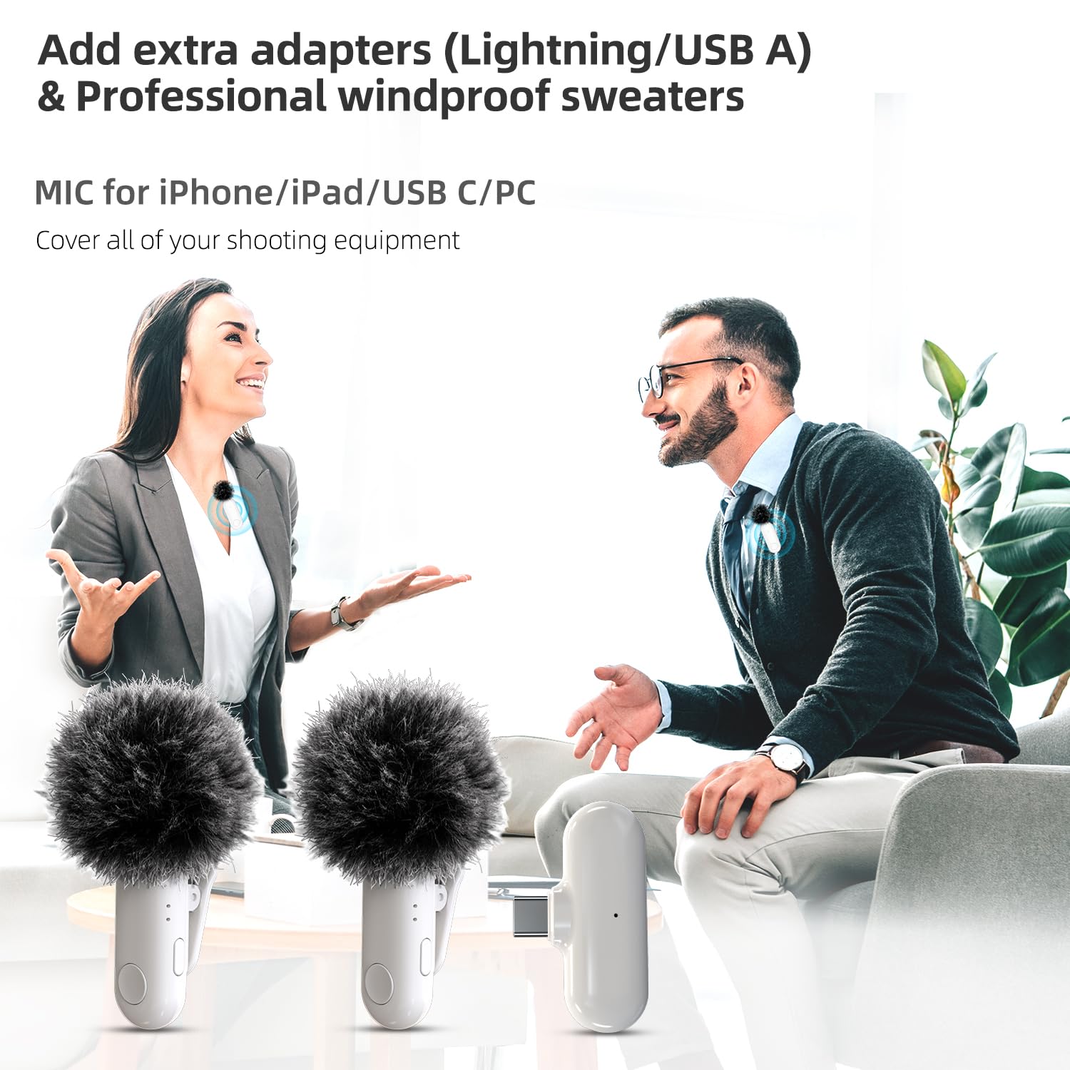 Micrófono Lavalier inalámbrico para iPhone/iPad/Android/USB c/PC, micrófono Lavalier inalámbrico para grabación, cancelación de ruido, sin necesidad de aplicación (blanco-2to1)