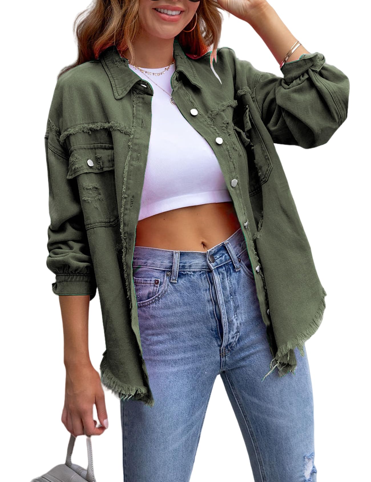 Perbai Womens Oversized Ripped Denim Jacket Frayed Hem Button Front Boyfriend Jean Coat Western Shacket with Pockets