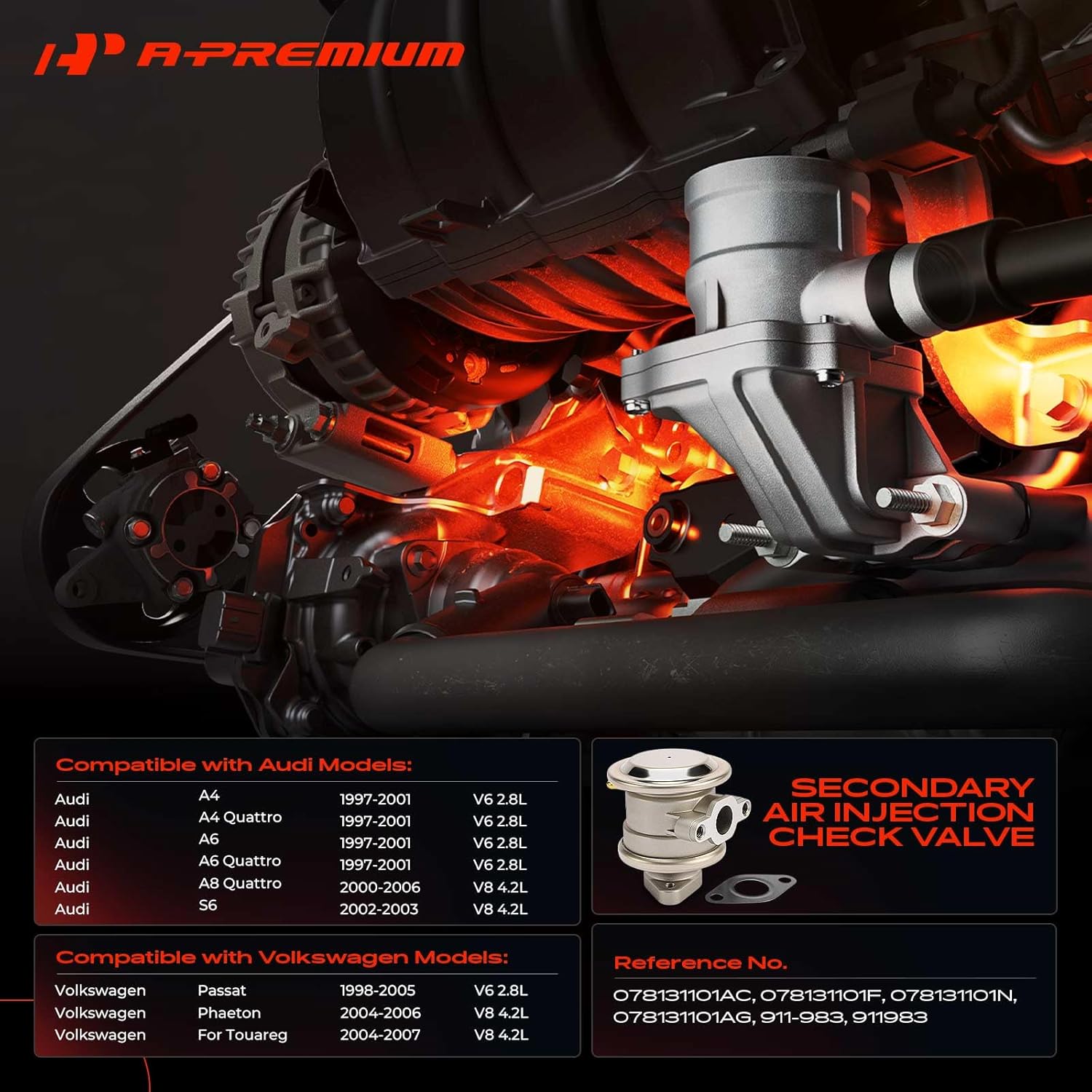 A-Premium Secondary Air Injection Check Valve Compatible with Volkswagen Passat 1998-2005, Touareg 2004-2007, Phaeton & Audi A4, A6, A4 A6 A8 Quattro, S6, Air Pump Check Control Valve with Gasket