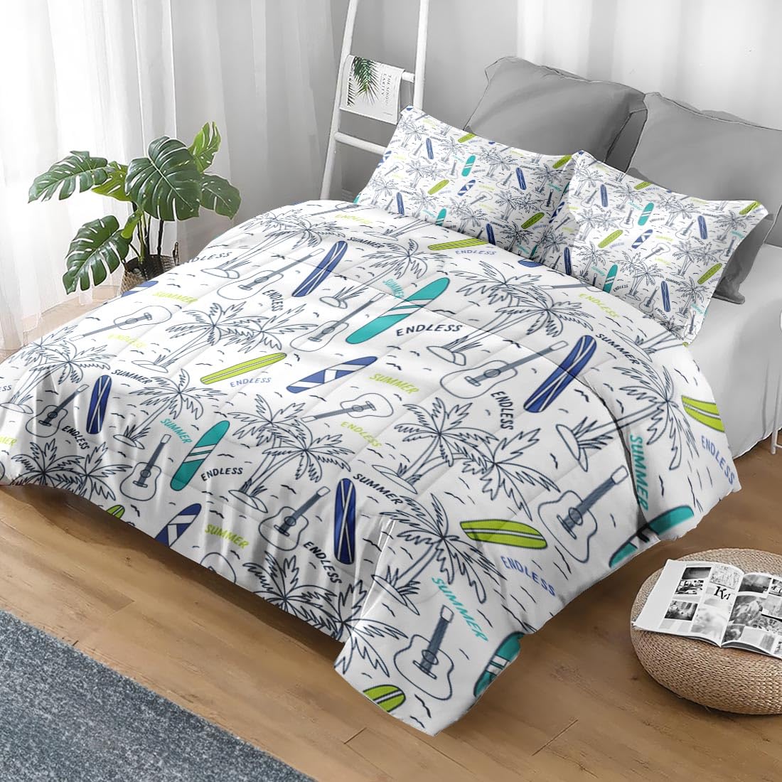 Pamnest Comforter Set Twin Size, Palm Leaf Guitar Soft 2 Pcs Bedding for Kids and Adults, Surfboard Surf Shark Comforter Set with Pillowcase for Bedroom Bed Decor
