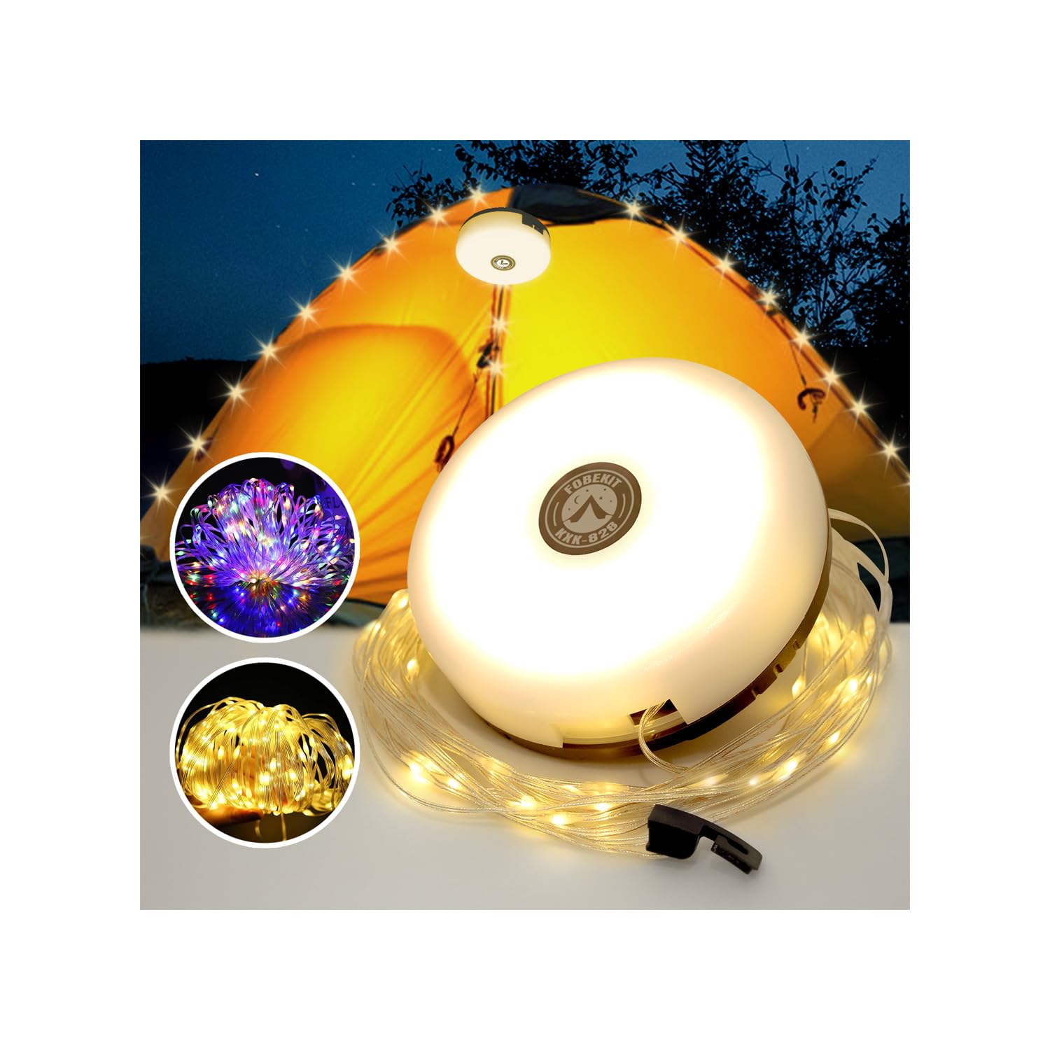 Fobekit Camping Lichterkette Aufrollbare,10M mit 8 Modi, USB Aufladung für Camping, Radfahren, Wandern und Outdoor-Dekoration