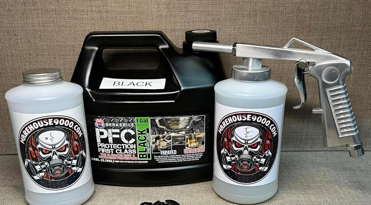 Gallon PFC Black, Standard Economy Undercoating Spray Gun, and 2 White Quart Bottles
