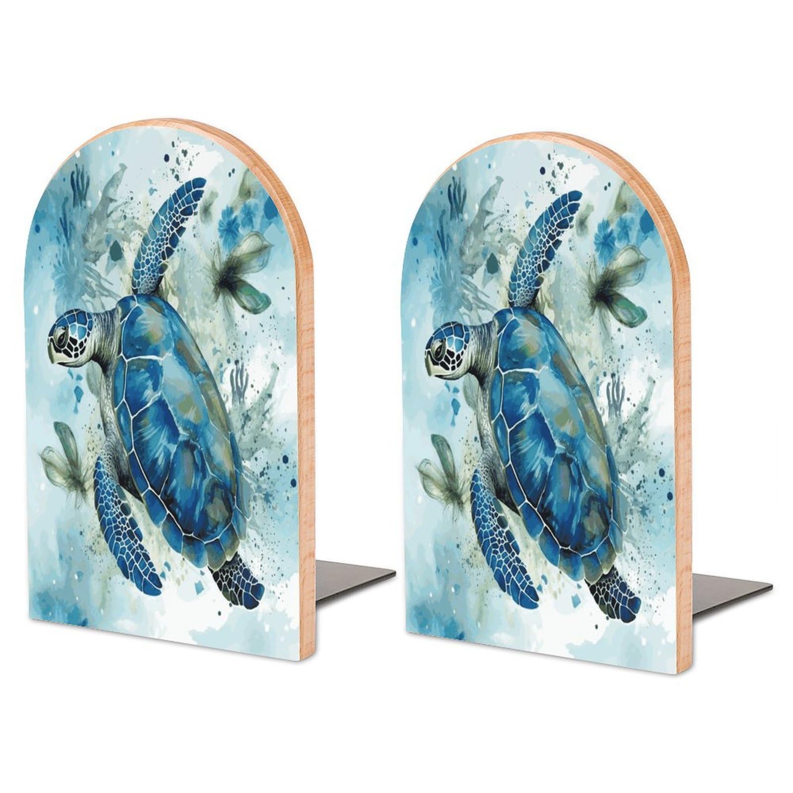 Large Sea Turtle-Blue Book End with Metal Base Fashion Heavy Duty Bookend Exquisite Wooden Bookends Non-Skid Book Stopper for Shelves Books Organizer for Office Home 1 Pair