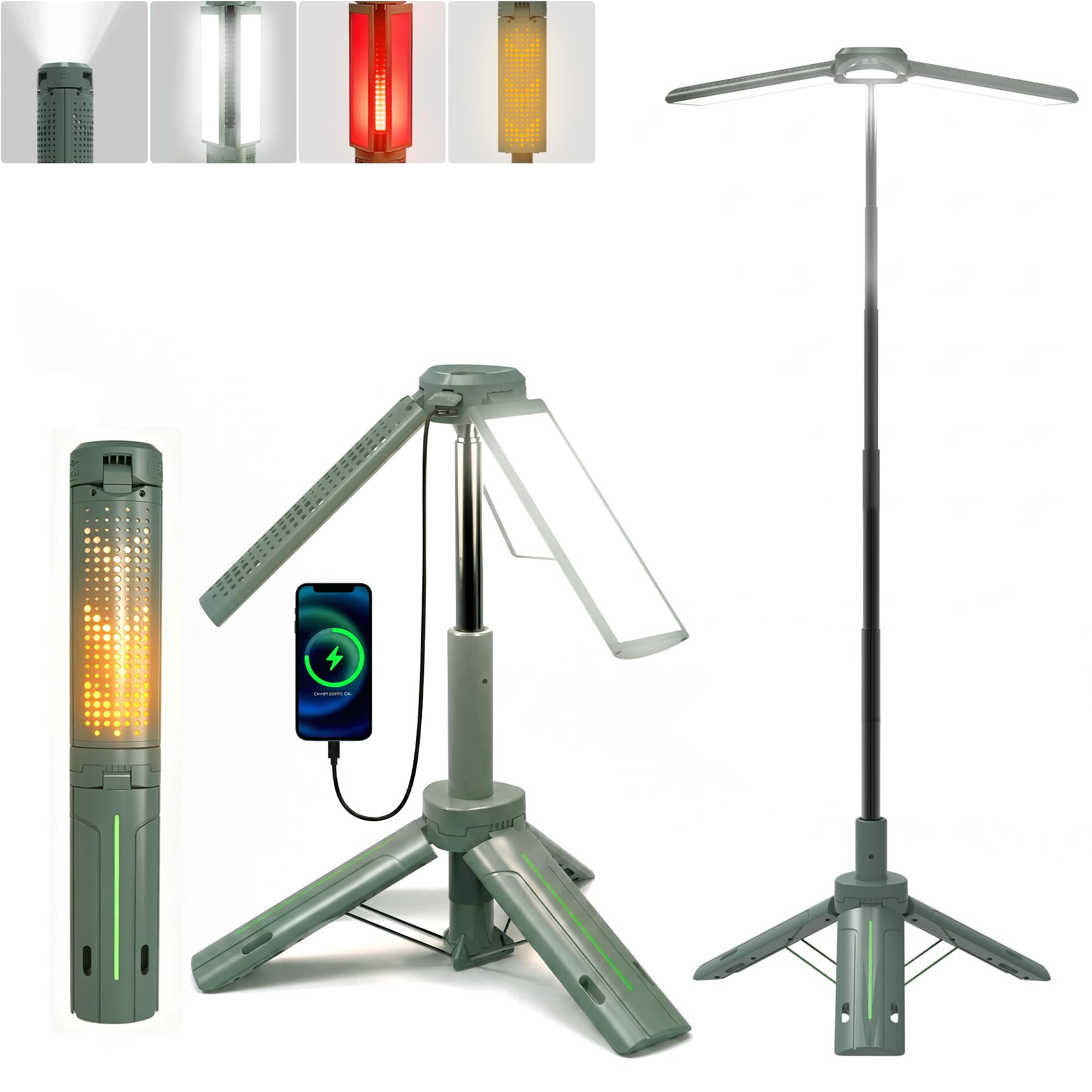 Ollny Teleskop Campinglampe Aufladbar, Camping Lampe Akku mit Stativ, 3 Lichtfarben & Dimmbar, LED Campinglicht mit Taschenlampe & USB Powerbank für Camping, Outdoor, Reise, Wohnwagen