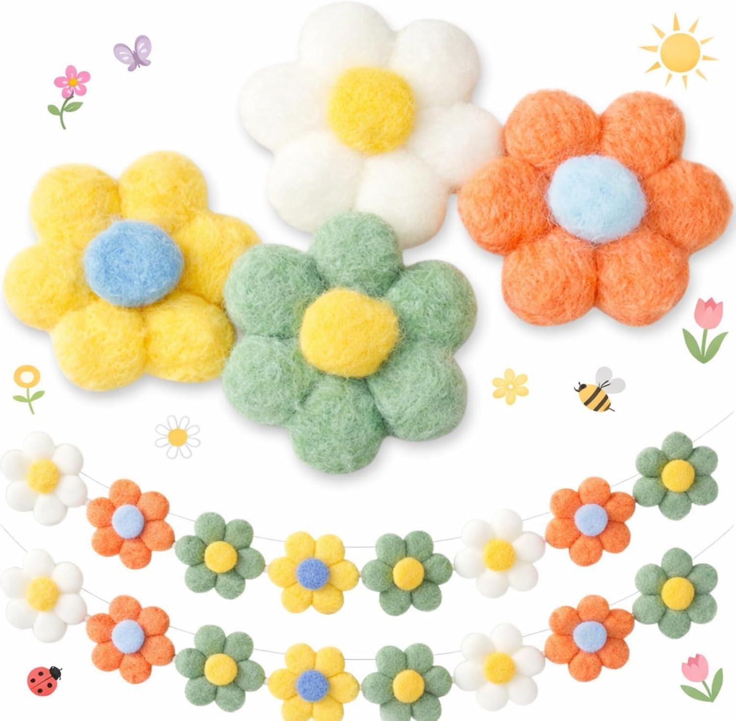 Teyva Daily 60 Pcs Spring 3D Felt Flower Pompom Craft 2.36 Inch Daisy Sunflower Floral Colorful Plush Ornament for Spring Party Supplies Birthday Boho Home Mantel Wall Window Decor Holiday Art (Bold)