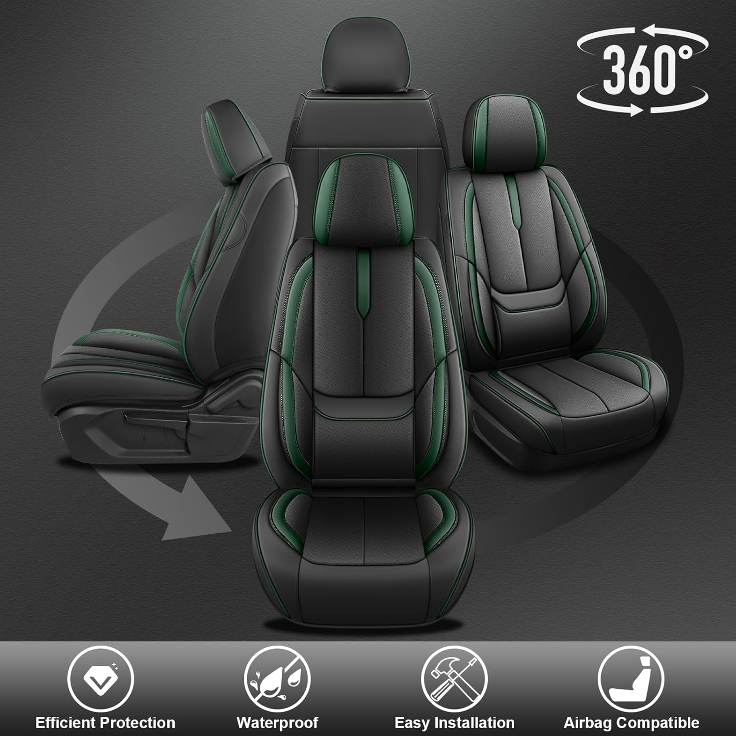 Custom Fit Seat Covers for Toyota Tacoma 1999-2025, Abrasion & Stain-Resistant Leatherette, Soft Breathable Design for Lasting Comfort(2 Seats Standard,Black Green)