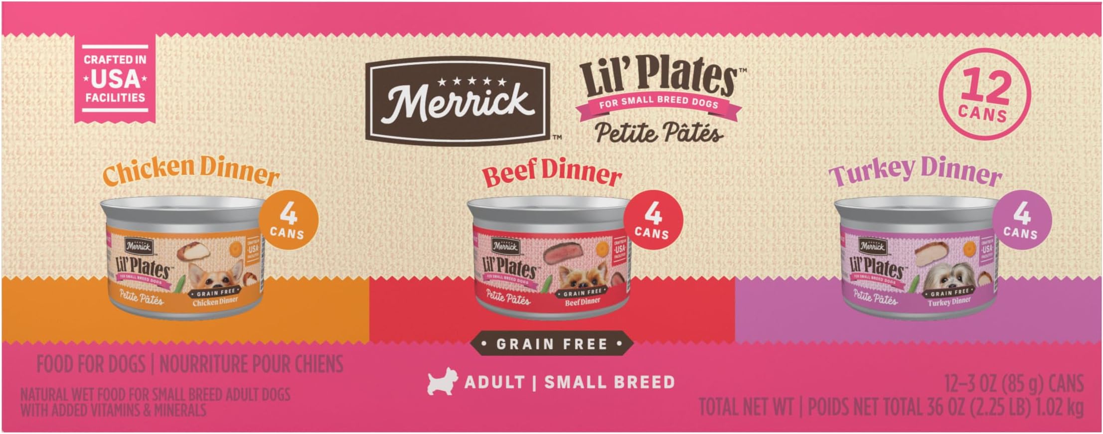 Lil’ Plates Petite Pates Premium Grain Free Wet Dog Food Variety Pack, Natural Beef, Chicken, Turkey - (Pack of 12) 3 oz. Cans