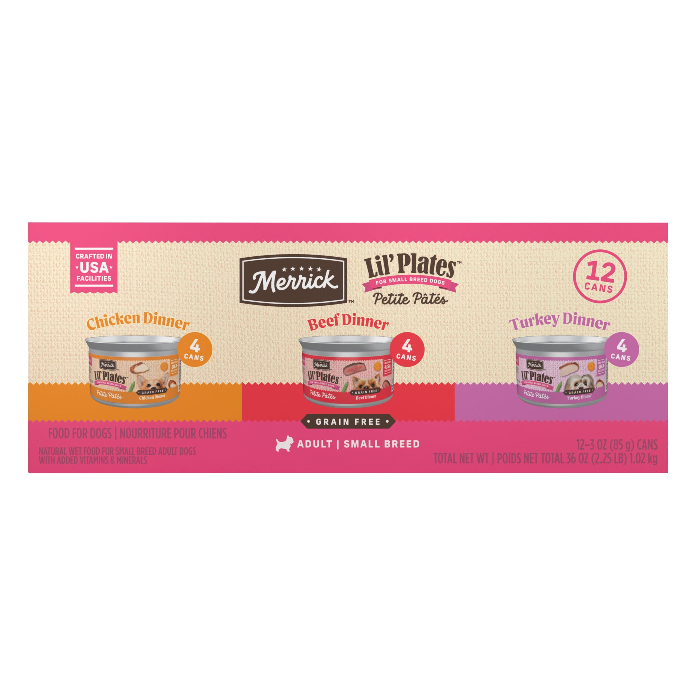Merrick Lil’ Plates Petite Pates Premium Grain Free Wet Dog Food Variety Pack, Natural Beef, Chicken, Turkey - (Pack of 12) 3 oz. Cans