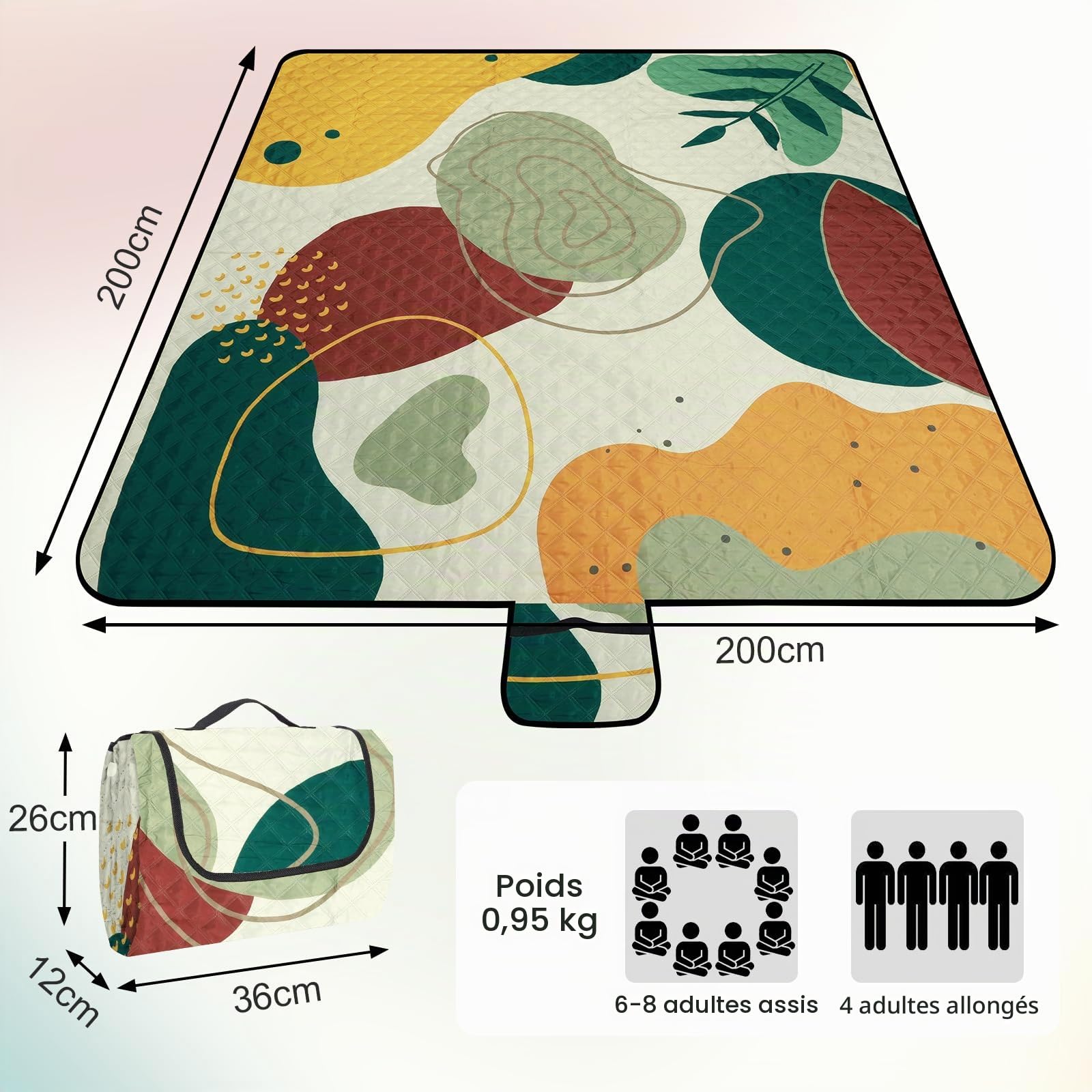 Boho Couverture Pique Nique Imperméable 200x200 cm, Tapis de Plage Grand Lavable en Machine, Couverture de Plage Pliable Léger pour Camping Voyage Randonnée, Art Abstrait