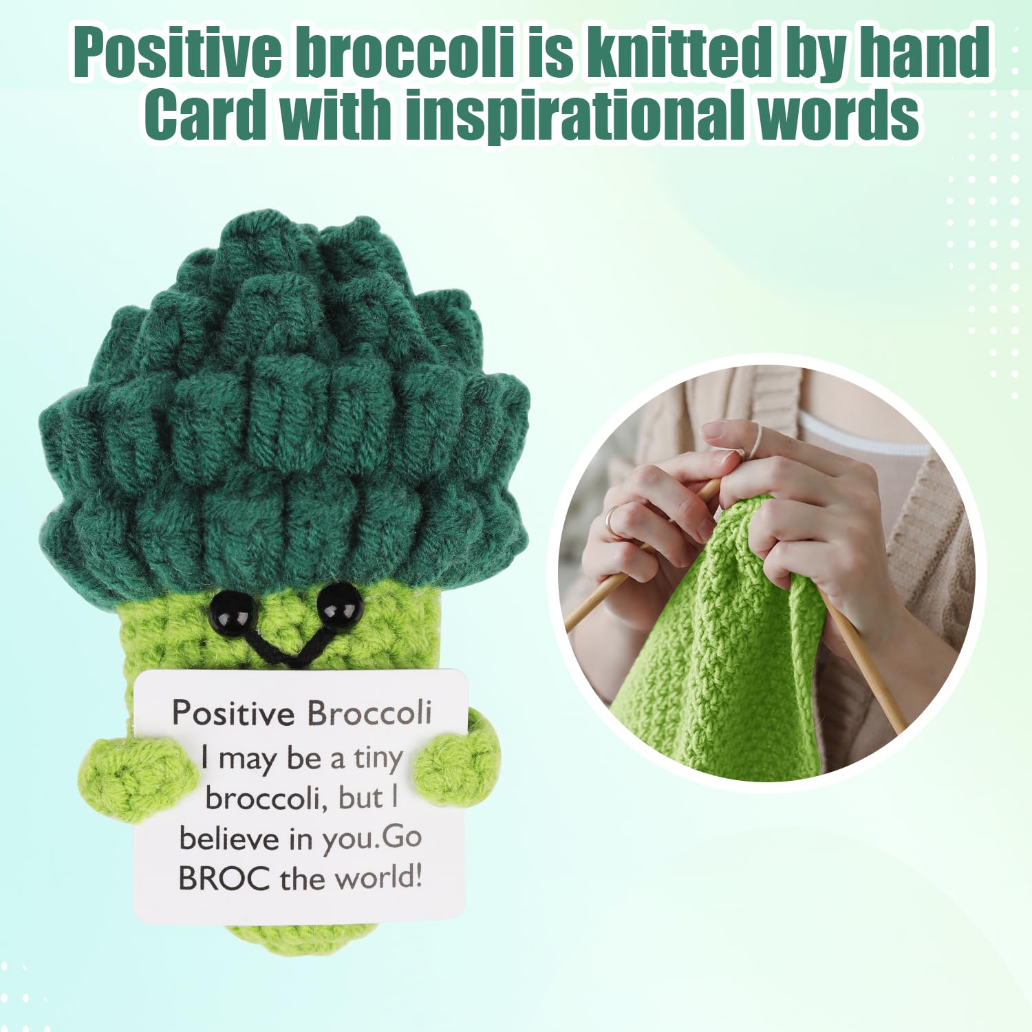 Set 2 Amigurumi Portafortuna Uncinetto: Broccolo E Melanzana Positivi Con Biglietto D'Incoraggiamento E Portachiavi