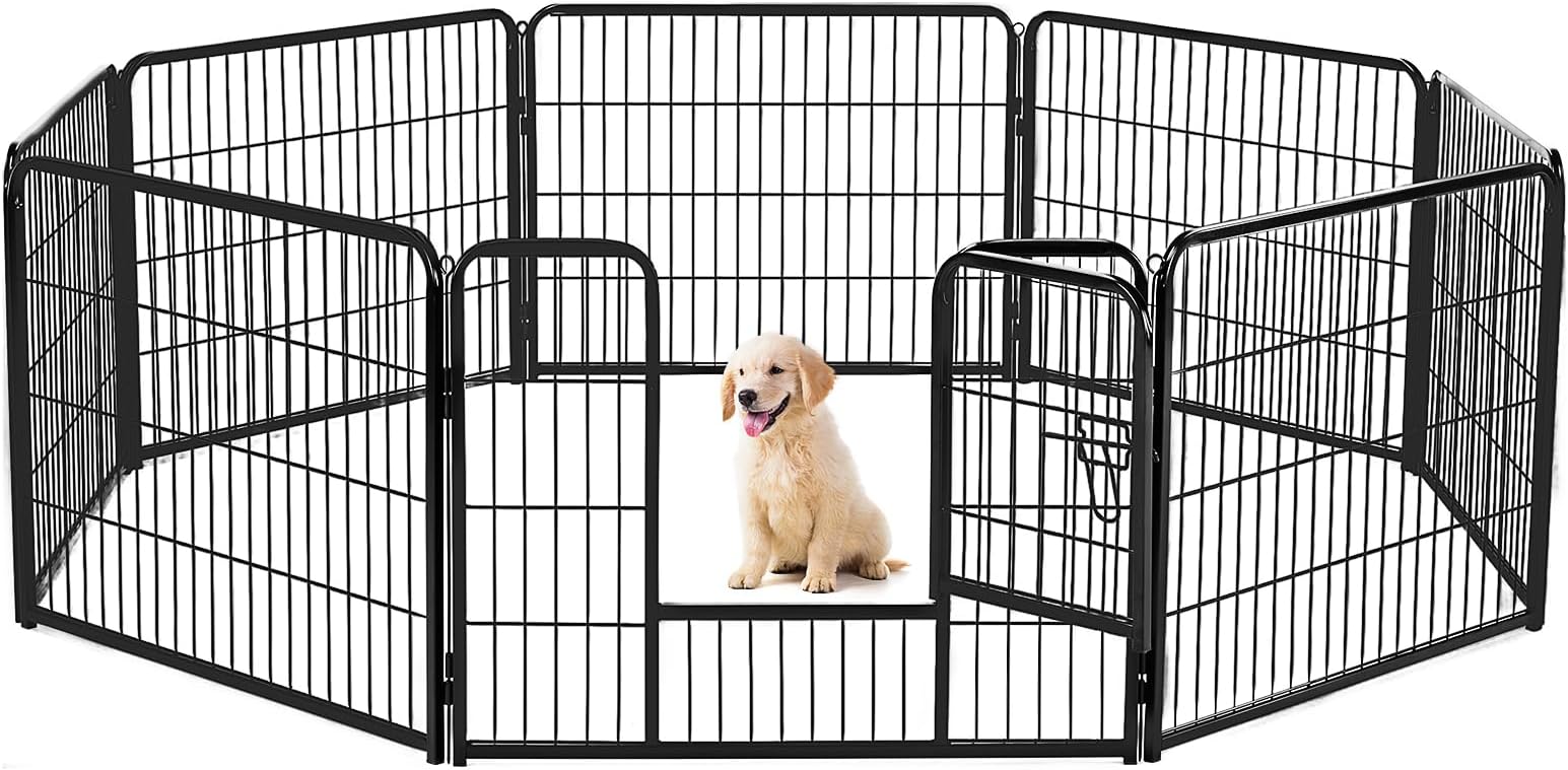 Sweetcrispy Dog Playpen Indoor - Pet Fence Exercise Pen for Yard Gate 8 Panels Foldable Puppy Crates with Doors Metal Dog Pen for Camping, RV, Outdoor, Small/Medium Pets, 24” Height