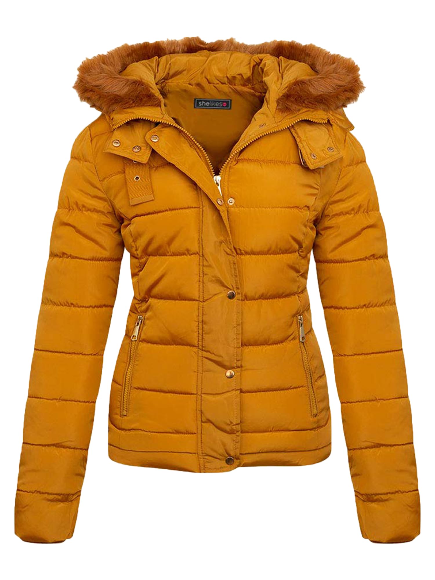 shelikes Womens Hooded Winter Jacket Quilted Padded Warm Coat Parka Jacket With Faux Fur Hood & Zip Pocket