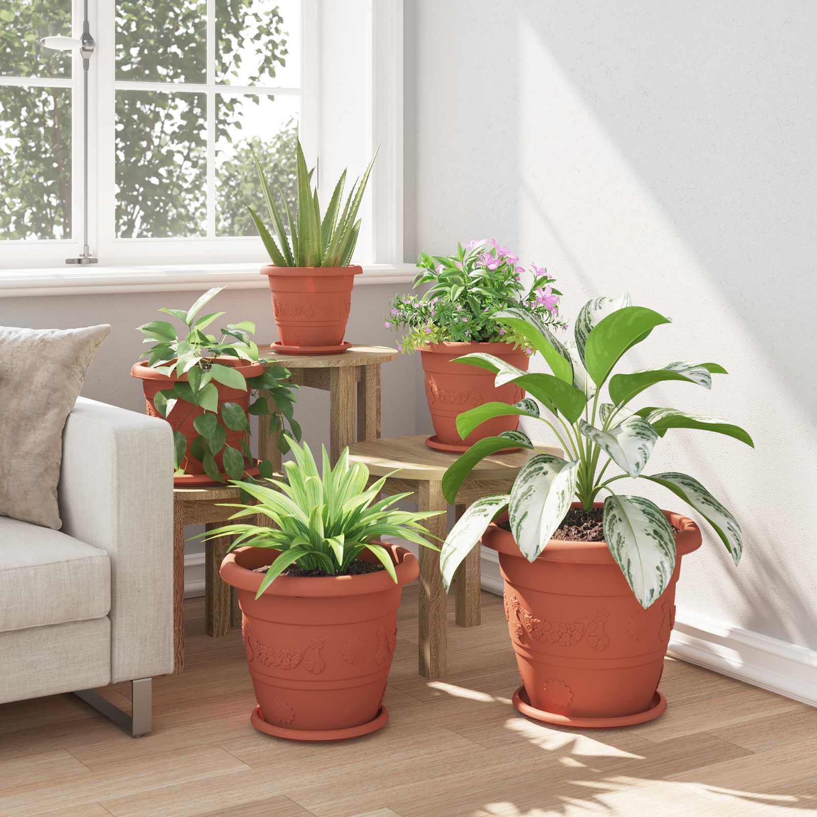 6er Set Blumentöpfe Ziegelrot Ø 34 cm, Moderne Pflanzgefäße aus Kunststoff für Außen und Innen, Runde Pflanztöpfe mit Entwässerungslöchern für Garten Balkon Terrasse