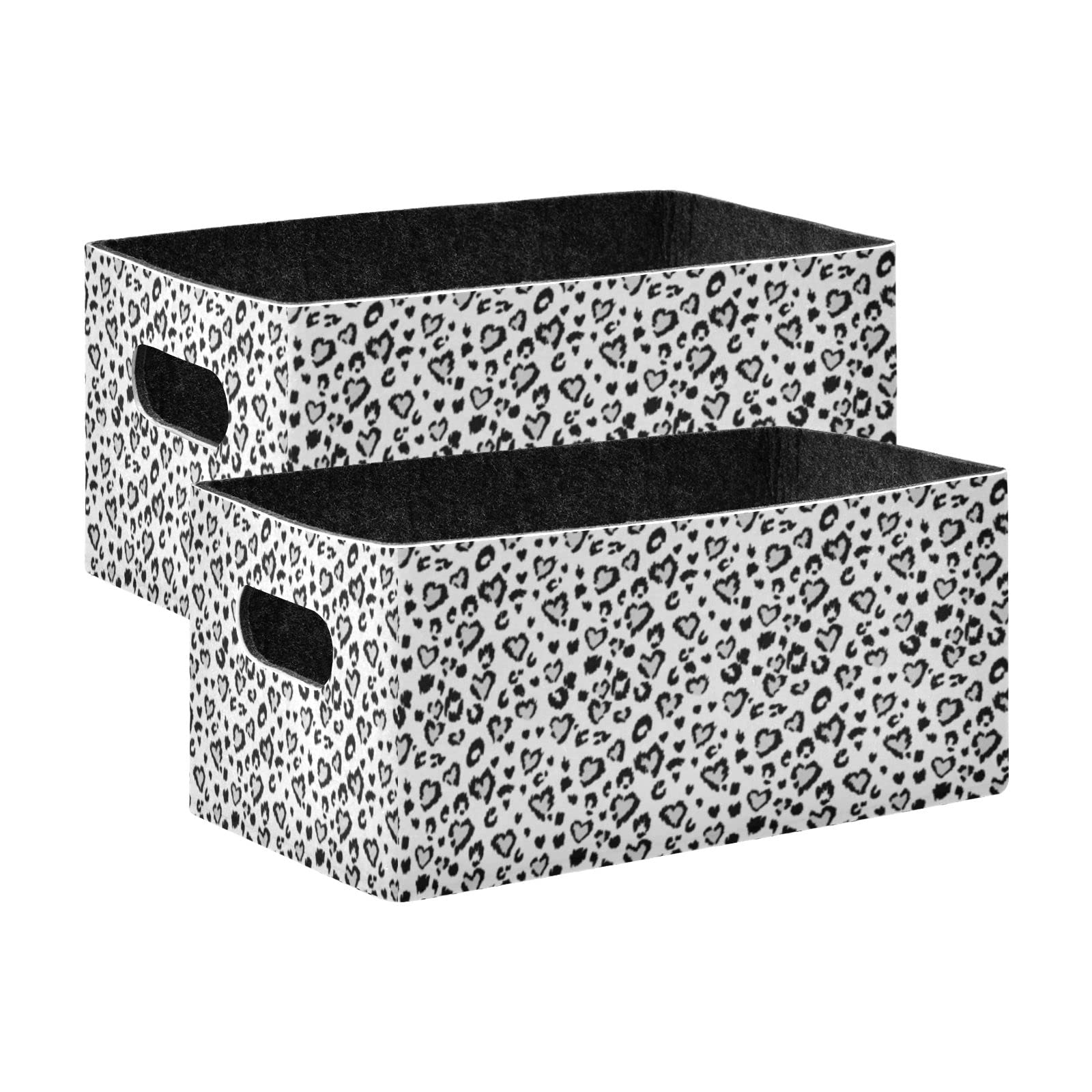 Poeticcity Leopard Jaguar Skin with Grey Hearts Black Spots Animal Print 2 PCs Collapsible Felt Cloth Storage Box, Rectangular Desk Organizer Basket Bin, Detachable Laundry Hamper Counter Holder Box
