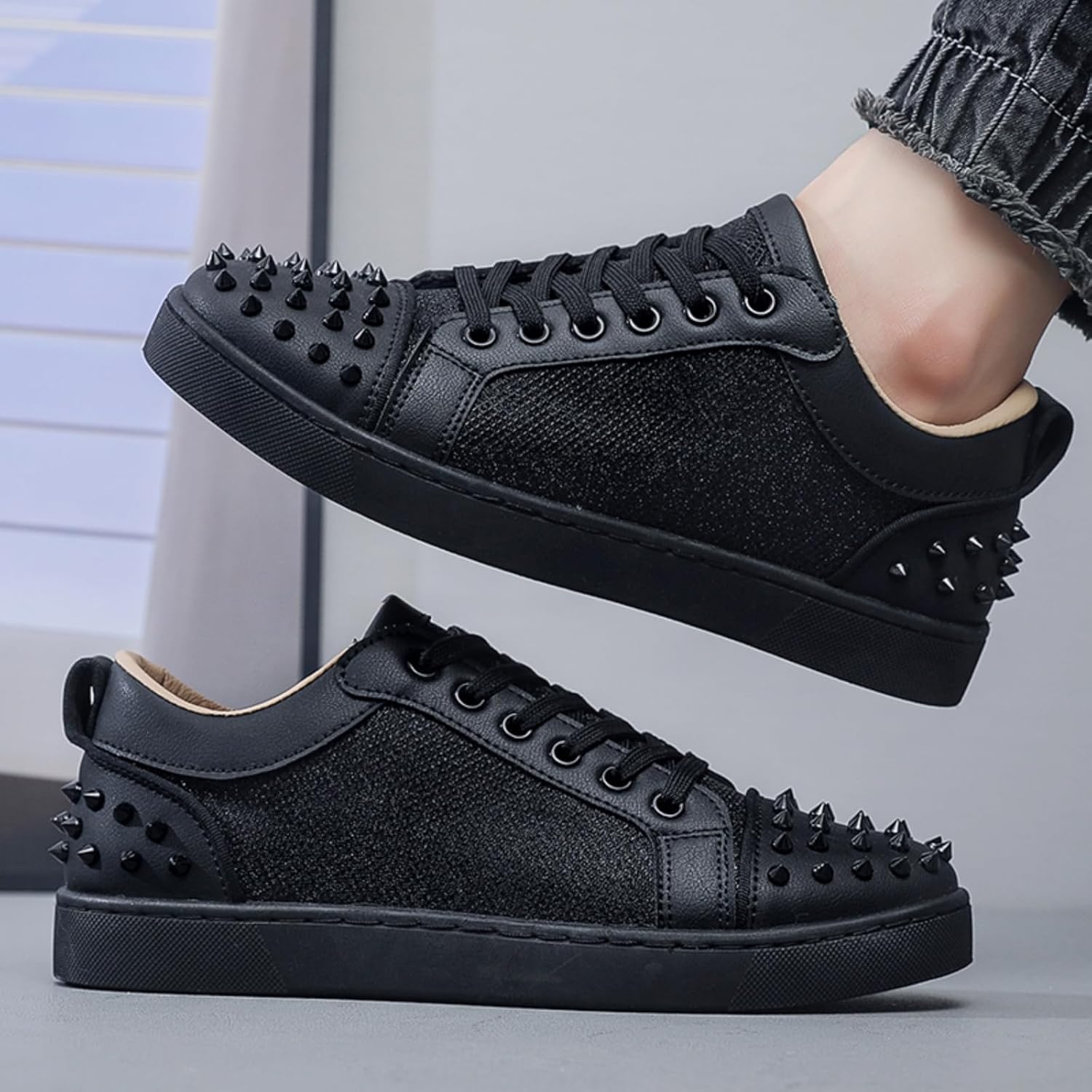 Men's Street & Punk Casual Sneakers: Metal Rivets, Black & White Studded Leather + Glitter Fabric, Lace - Up Comfortable Shoes