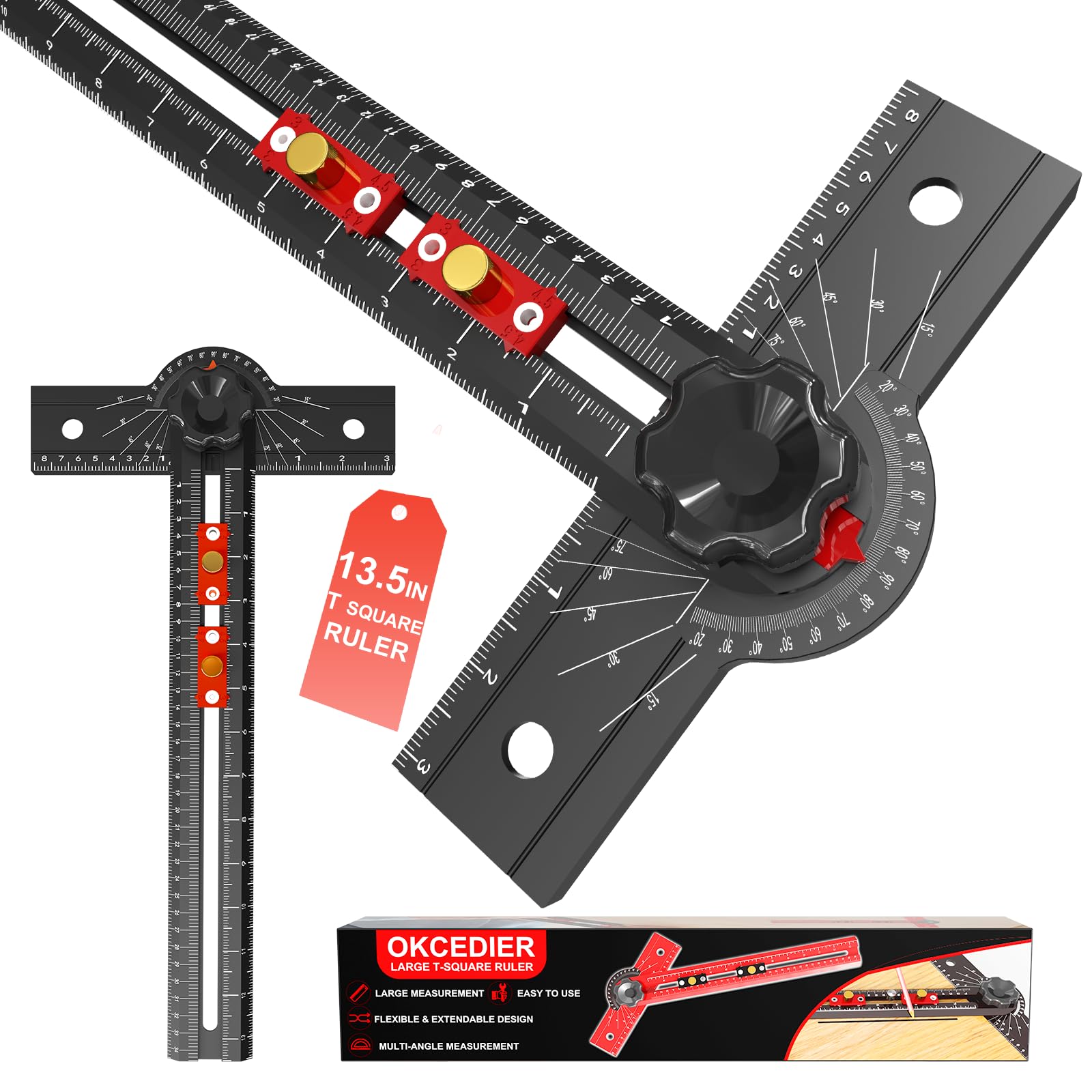 T Lineal Streichmaß 34cm Präzisions-Winkelmaß für Holzarbeiten, Anschlagwinkel 15-165° Heimwerken mit Bohrloch-Schablone, Aluminium Zimmermannswinkel für Tischlerei, Trockenbau, Architektur, Modellbau