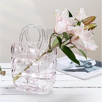 Glass Vase with Elegant Purse Design, Hand Purse vase with Fish Bowl, Unique Flower Vase with Handle and Bubbles - for Home Decor/Office/Garden/Wedding Decor/Enterpiece/Events Bulging Pink