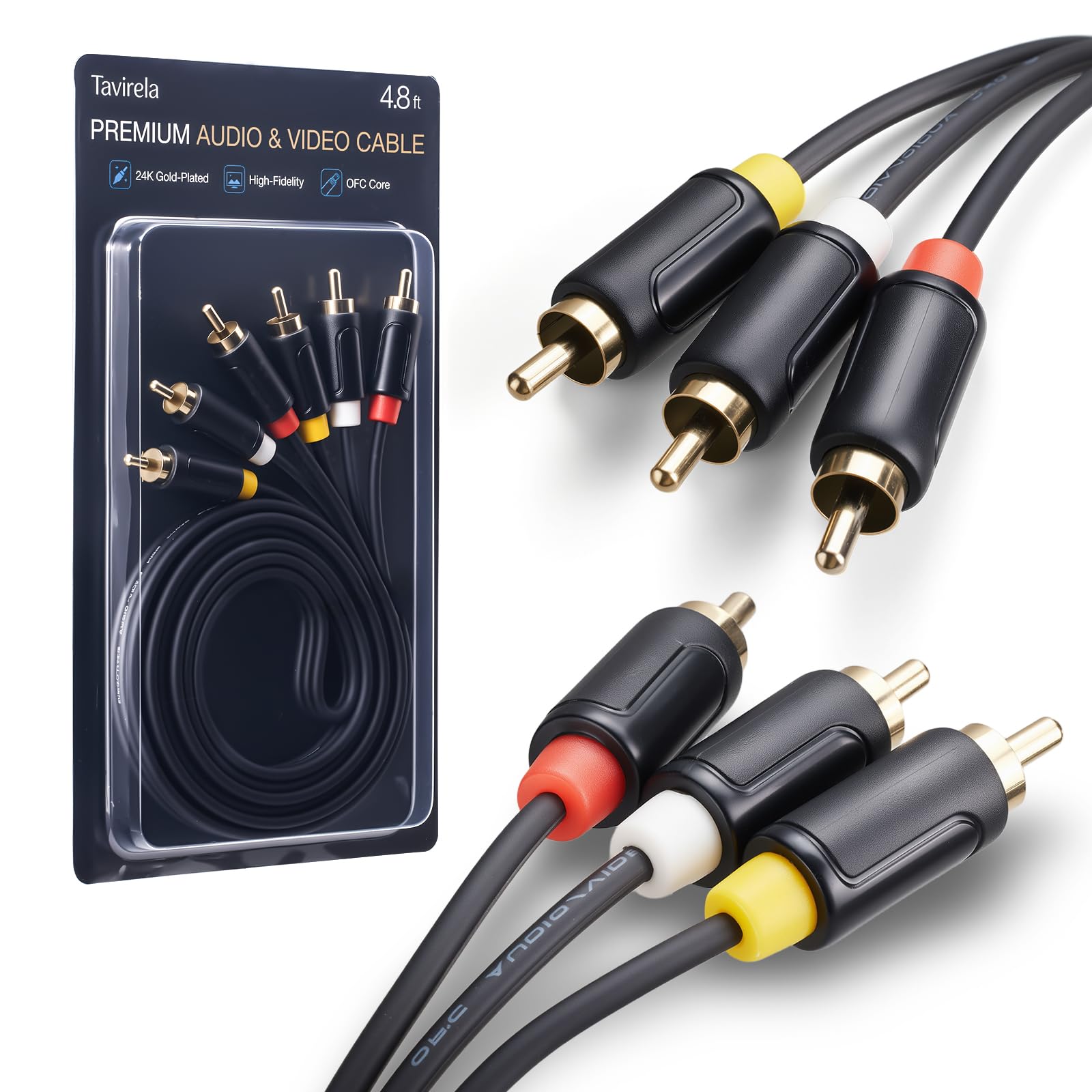 RCA AV Kabel, 3 RCA Stecker auf Stecker für DVD, PS1, PS2, VCR, 1,5 m | Composite-Video und Stereo-Audio, vergoldete Anschlüsse, verstärkte PVC-Ummantelung, für Geräte mit Standard-Cinch-Ports