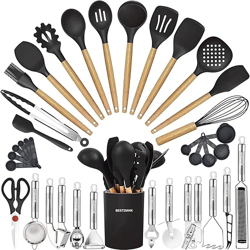 Cooking Utensils Set- 35 PCs Kitchen Utensils with Grater,Tongs, Spoon Spatula &Turner Made of Heat Resistant Food Grade Silicone and Wooden Handles Kitchen Gadgets Tools Set for Nonstick Cookware