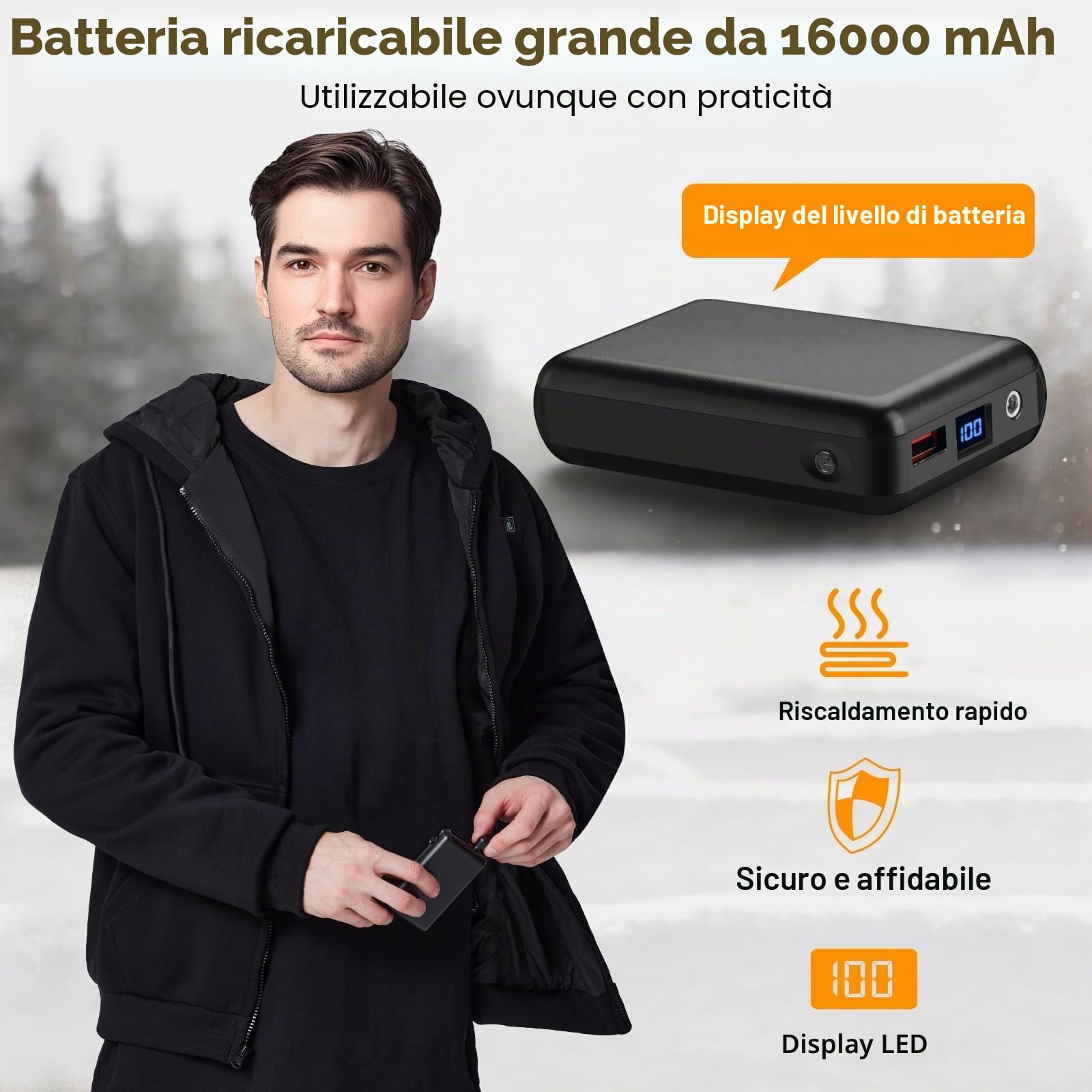Felpa Riscaldata Cappuccio con Batteria 16000mAh per Uomo Donna, Giacca Elettrica con 6 Zone di Riscaldamento, 3 Livelli di Temperatura, Felpa Termica per Escursionismo, Caccia, Campeggio