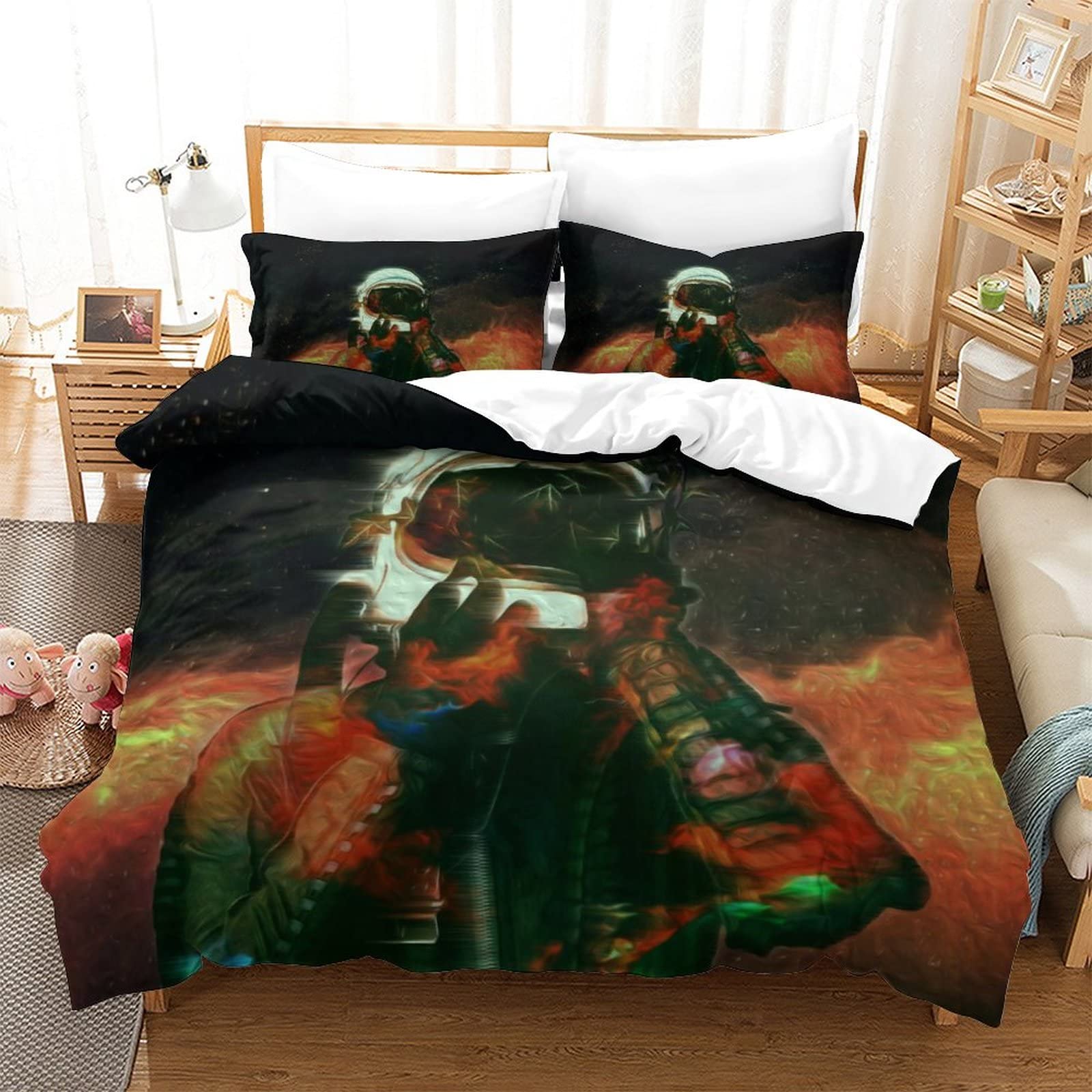 Housse de couette 220x240cm astronaute 3D king size avec 2 taies d'oreiller