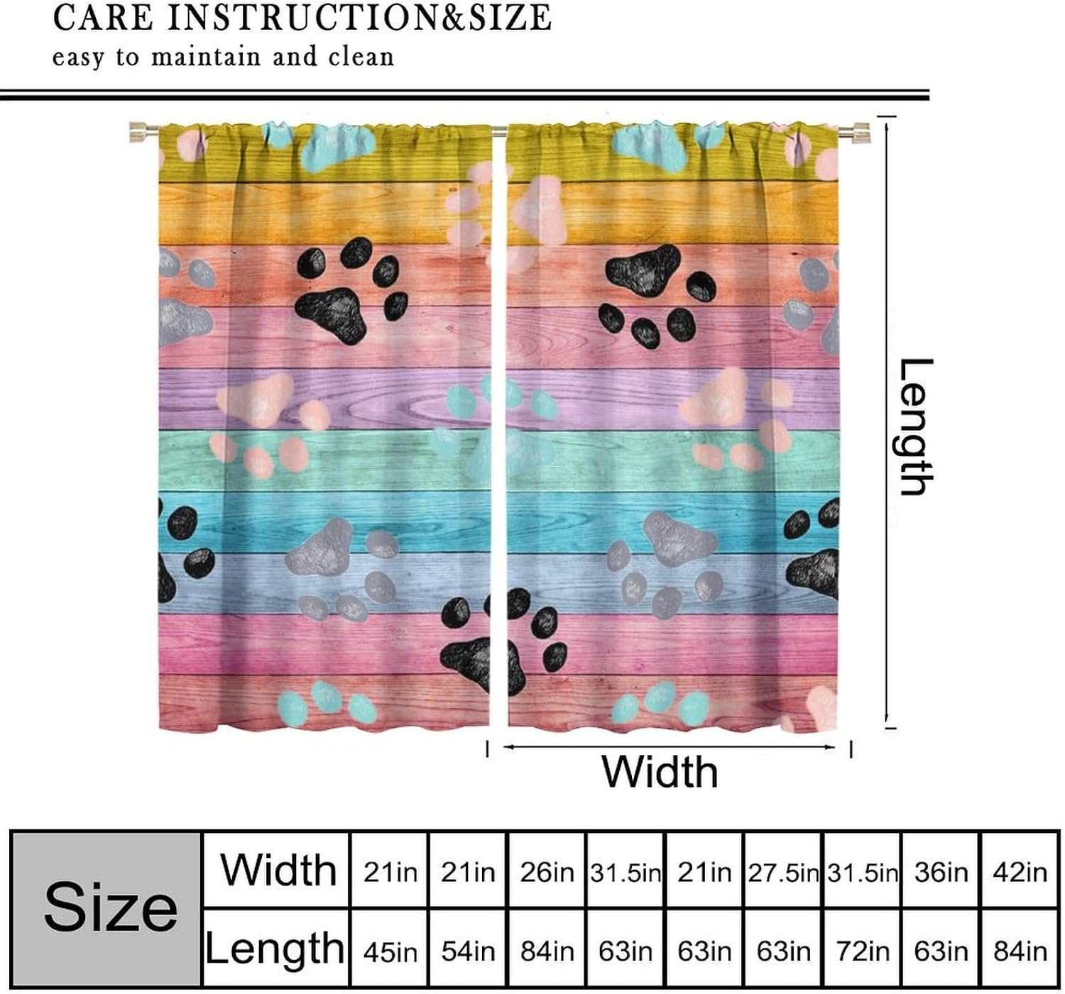 Dog Paws Curtains Cartoon Rustic Colorful Wooden Board Paw Pattern for Kids Room Decoration Blackout Print Rod Pocket Window Drapes for Bedroom Living Room 55x63in