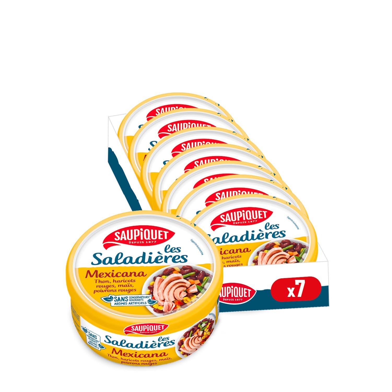 SAUPIQUET - Saladières Mexicana - Salade Préparée Prête à Consommer - Conservation Température Ambiante - Idéale Pique-Nique - Poisson Issu Pêche Traçabilité Garantie - 7 Conserves (220 g)