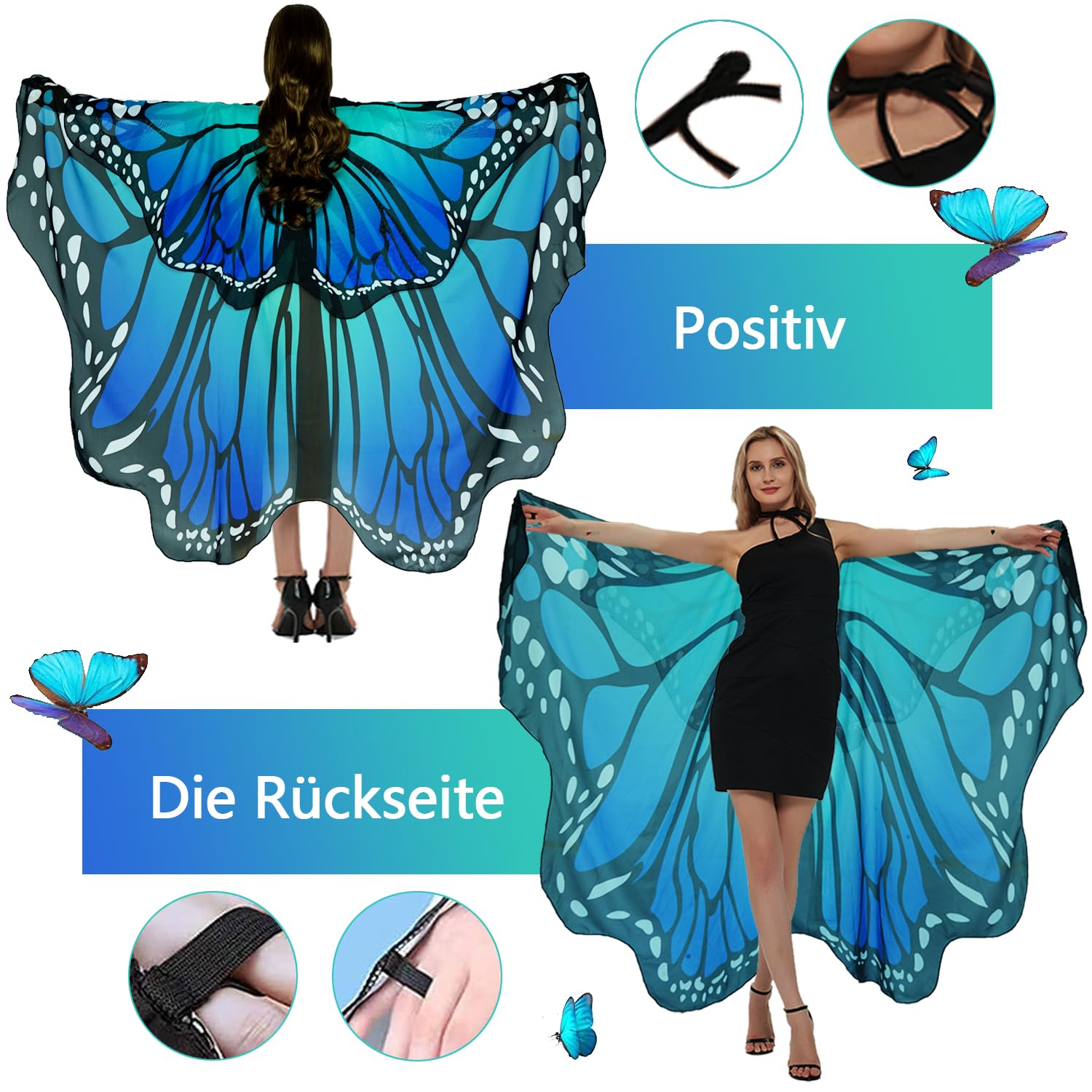 Sunlisky Vlinder dames vleugels vlindervleugels volwassenen carnavalskostuums dames cape vlinderaccessoires 3-delige set met vlinder haarband gezichtsmasker