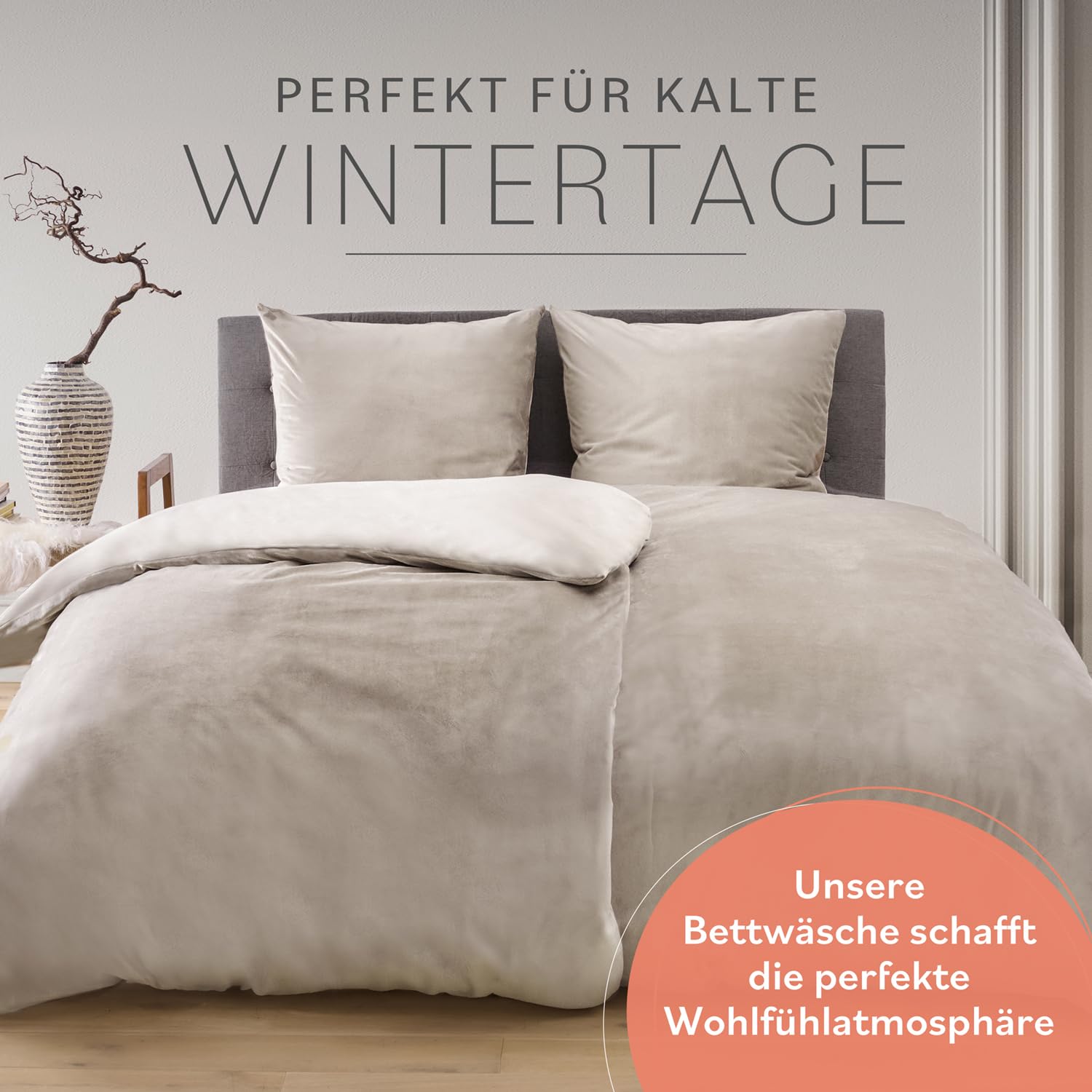 Blumtal Winterbettwäsche 135x200 cm, 4-teiliges 2er-Set – Cashmere-Touch Plüsch aus Flauschiger Mikrofaser, Oeko-TEX Zertifiziert, 2 Deckenbezüge + 2 Kissenbezüge 80x80 cm – Taupe/Beige