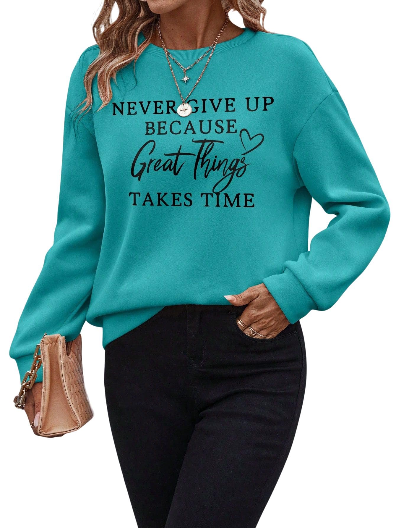 sxv style Women's Inspirational Sweatshirt, 'Never Give Up Because Great Things Takes Time' Motivational Graphic Pullover, Pink and Teal Options-picture-55