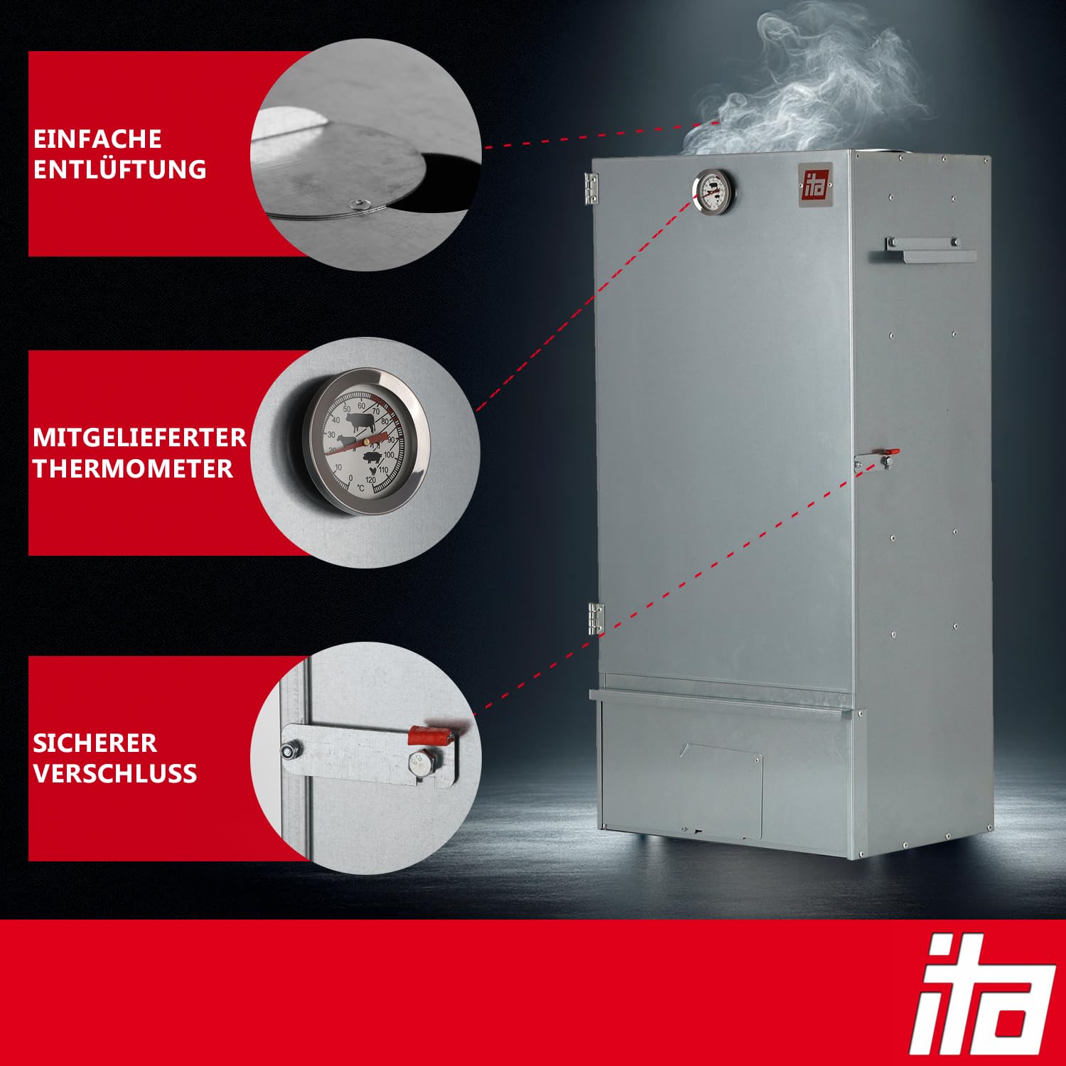 ITA Räucherofen 7005 - Premium Räucherschrank aus Edelstahl mit 3 Etagen 81 cm - Qualität Made In EU - Direkt vom Hersteller - Smoker zum Kalträuchern & Heißräuchern - Für bis zu 7kg Fleisch
