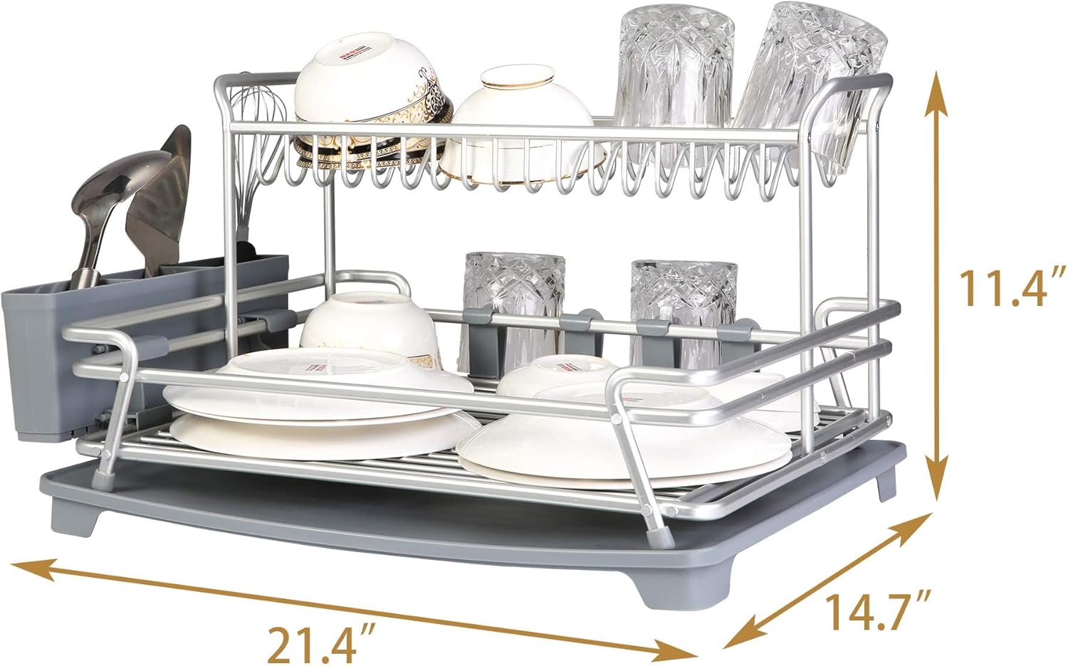 Dish Drying Rack and Drainboard Set 1 Tier & 2 Tier,Aluminum Dish Drying Rack,Dish Racks for Kitchen Counter,Aluminum -Light Gray & Silver (21.4Lx14.7Wx11.4H)