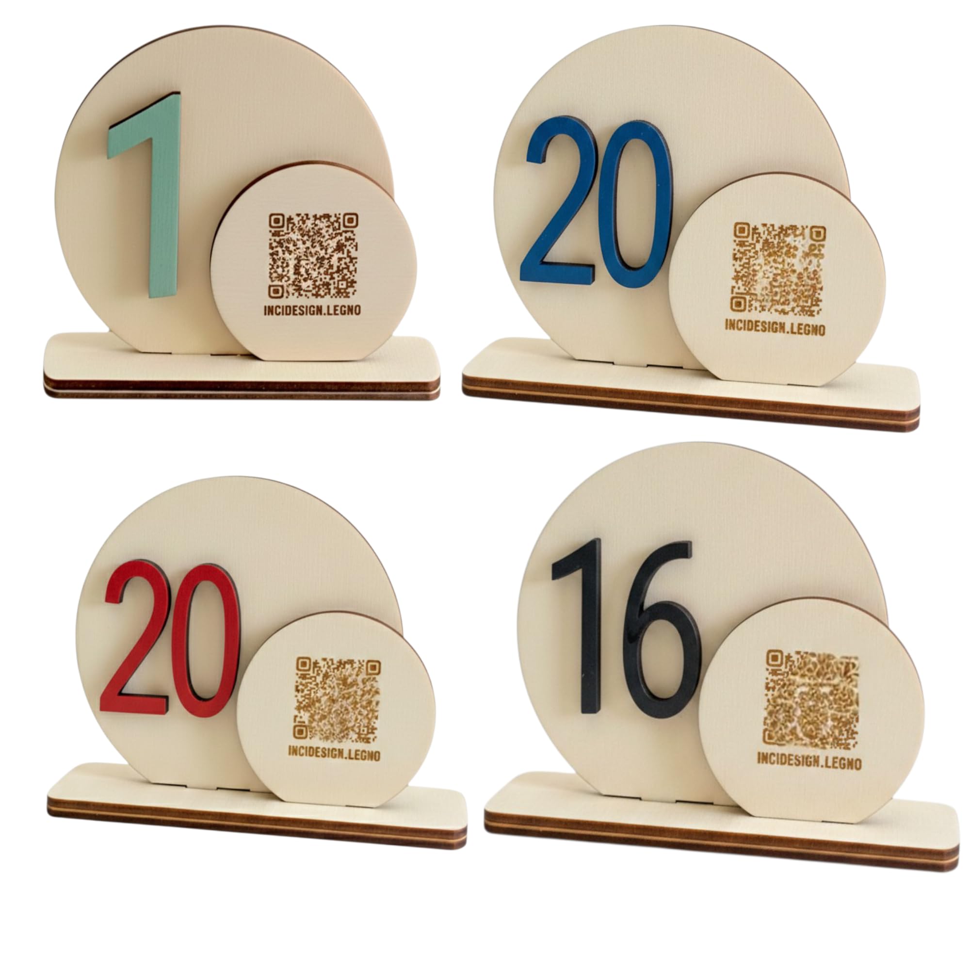 Set da 9 Segnaposto Numerati InciDesign in Legno Naturale - Numeri Tavolo con Qr code per Ricevimenti, Eventi Bar e Ristoranti - Stile Minimal ed Elegante - Scelta Colori - Made in Italy