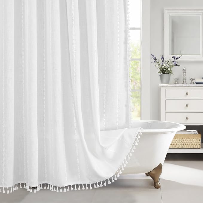 MitoVilla Boho Farmhouse Shower Curtains for Modern Farmhouse Bathroom Decor, Navy Country Thick Polyester Linen Fabric Shower Curtain, Rustic Tassel Cloth Shower Curtain, 72 x 72, Navy