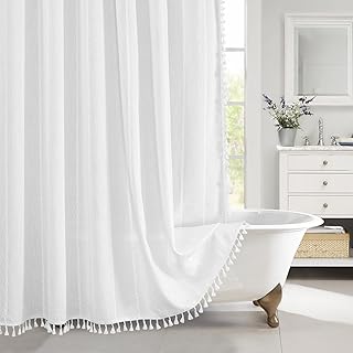 MitoVilla Boho Farmhouse Shower Curtains for Modern Farmhouse Bathroom Decor, White Country Thick Polyester Linen Fabric Shower Curtain, Rustic Tassel Cloth Shower Curtain, 72 x 72, White