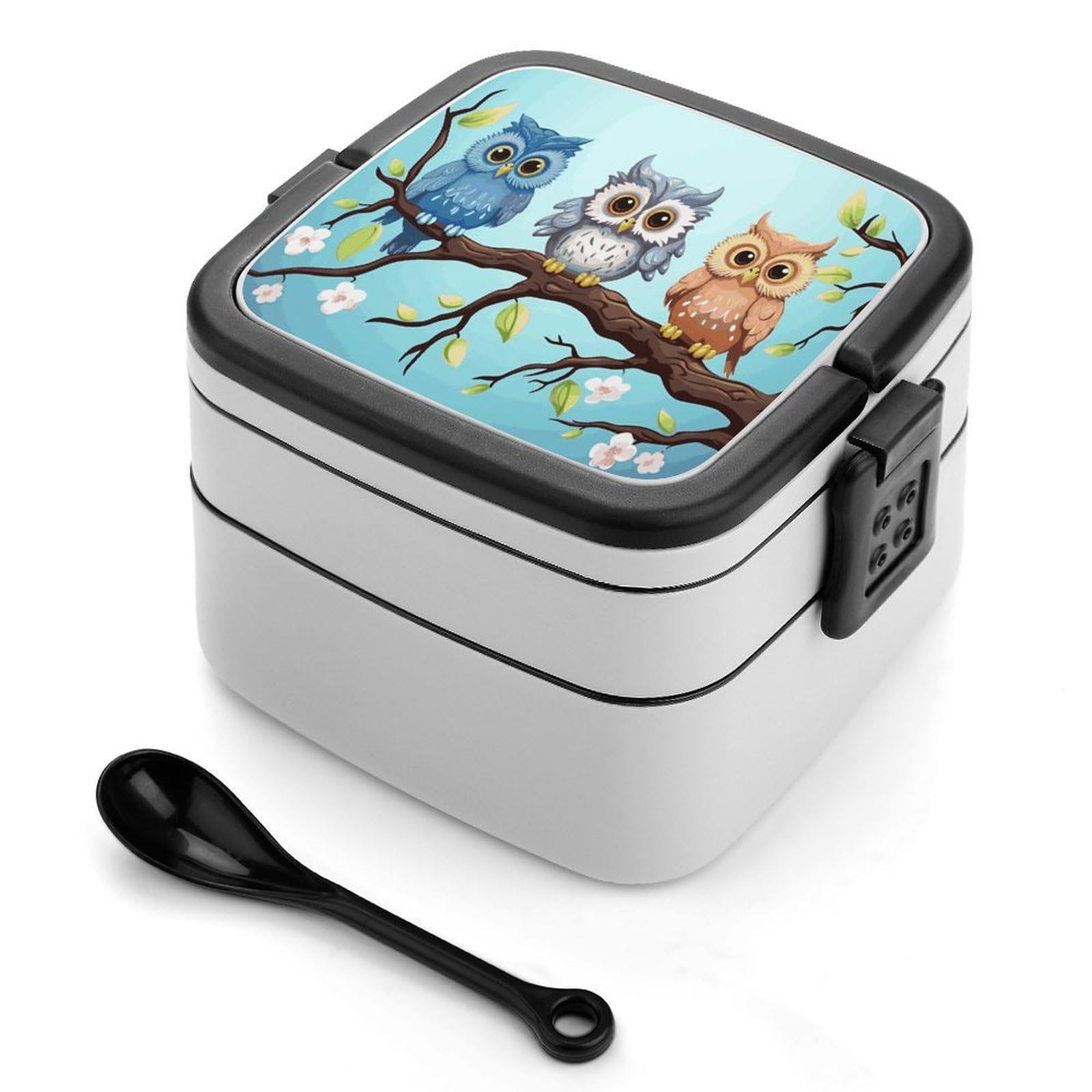 FekiLoot Owls on A Branch Bento Box Adult Lunch Box Sealed Bento Lunch Boxes with Spoon Sturdy Double Layer Bento Boxes Snap-on Design Leak Proof Lunch Containers Ideal for Work