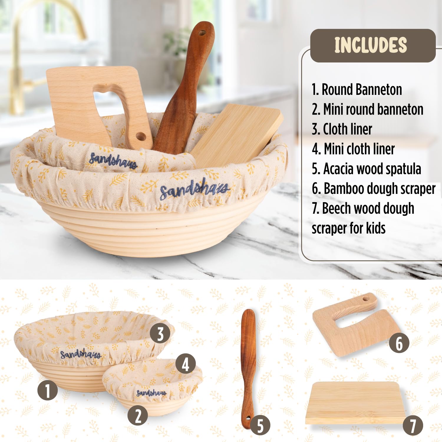 Sourdough Starter kit, Sourdough Bread Baking Supplies Tools, Parents and Kids Baking kit, 9” Banneton Bread Proofing Basket, Mini Banneton Basket, Proofing Basket for Baking, Banneton Gift Set