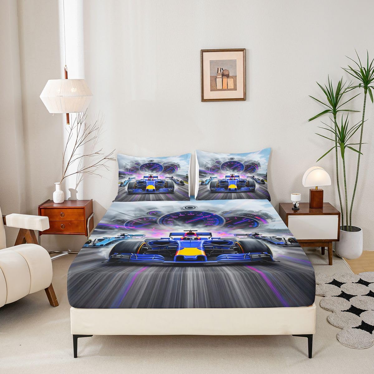 Homewish Chłopięce prześcieradło z gumką King Race Car prześcieradła kierowca tor wyścigowy sporty ekstremalne zestaw pościeli, neonowa deska rozdzielcza niebieskie samochody pościel narzuta na łóżko