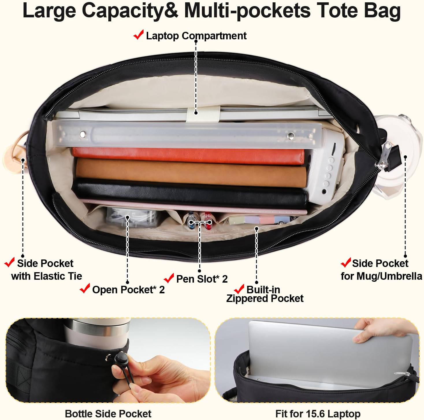 Work Laptop Tote Bag for Women with Insulated Lunch Compartment, Lightweight Puffy Lunch Tote Bag with 15.6 Inch Laptop Compartment, Quilted Laptop Bags for Office Commuter Teacher Nurse Black - Image 4