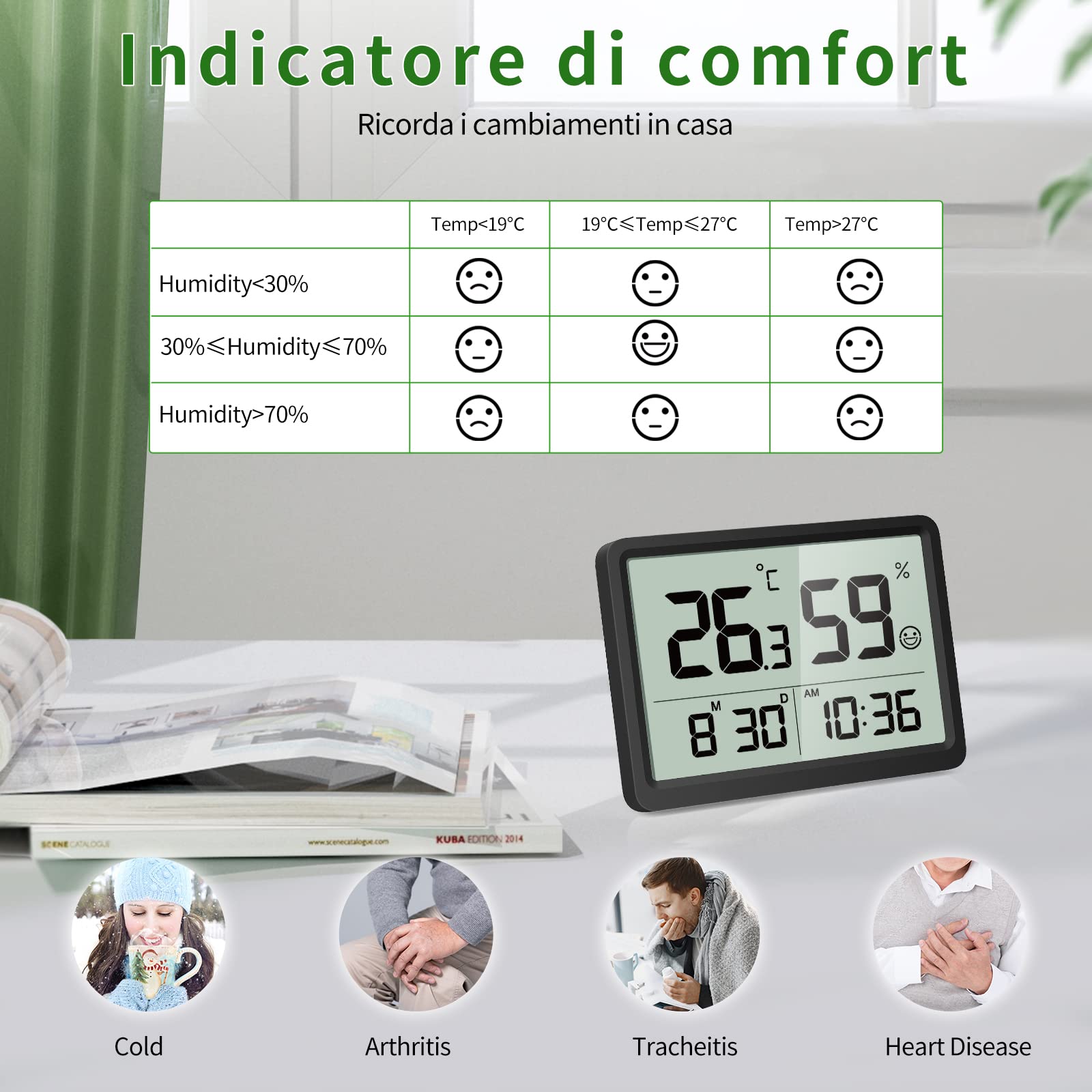 DOOMAY Termometro Digitale Igrometro per Interni: Piccolo e preciso misuratore di temperatura e umidità con grandi cifre LCD e ora data, igrometro ambientale calibrabile per la casa Garage (Nero)