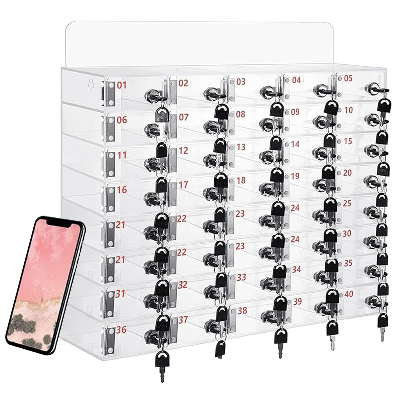 Mobile Phone Locker 12/24/36/48/60 Slots Mobile Phone Storage Cabinet with Carry Handle, Lock, Aluminium Wall Mounted or Desktop Management Box Suitable for School, Offices (Transparent, 40 Slot) — image 1