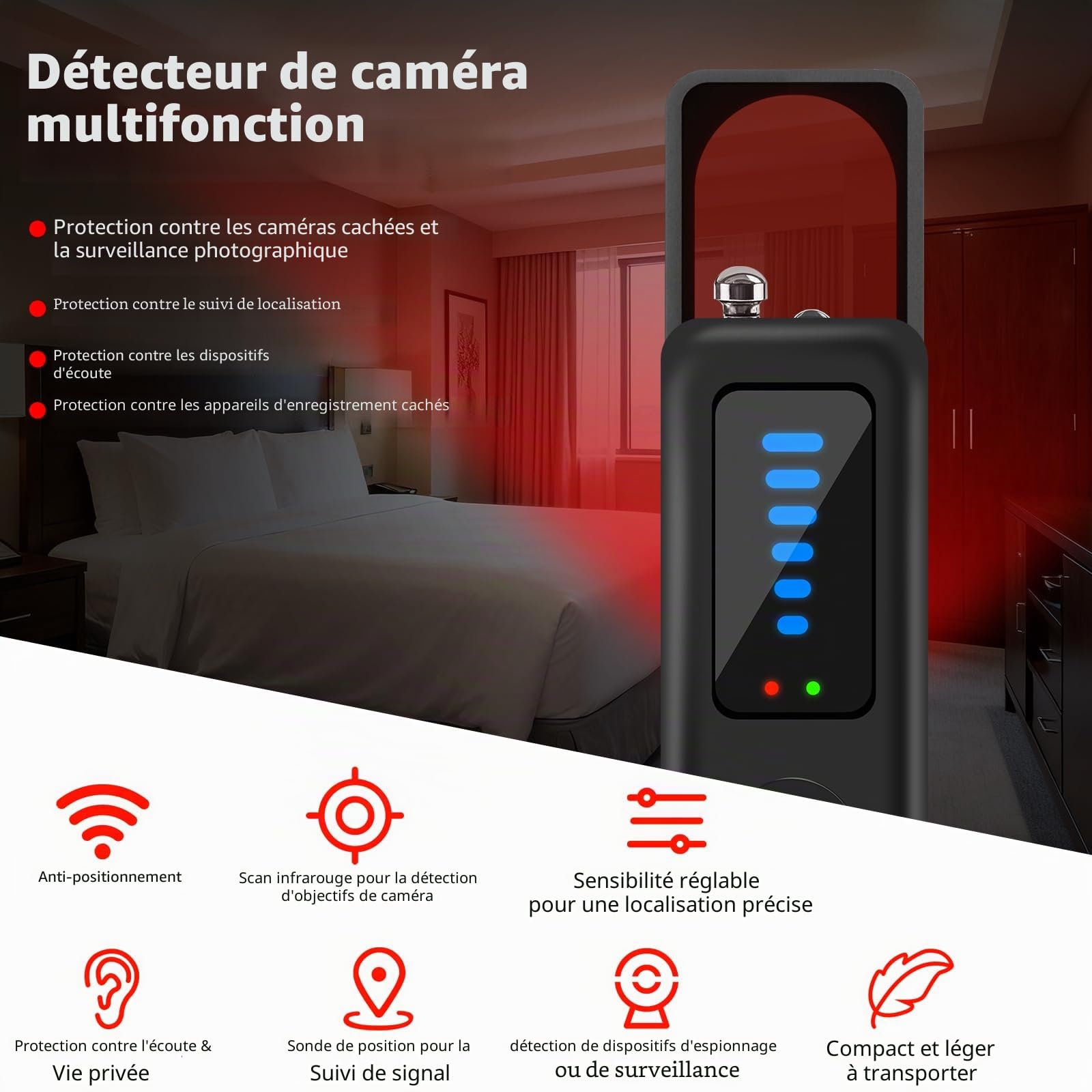 Détecteur de Caméra Cachée – Détecteur de Micro, GPS Tracker et Scanner RF sans Fil, 5 Niveaux de Sensibilité, Alarme de Sécurité pour Maison, Bureau et Hôtel