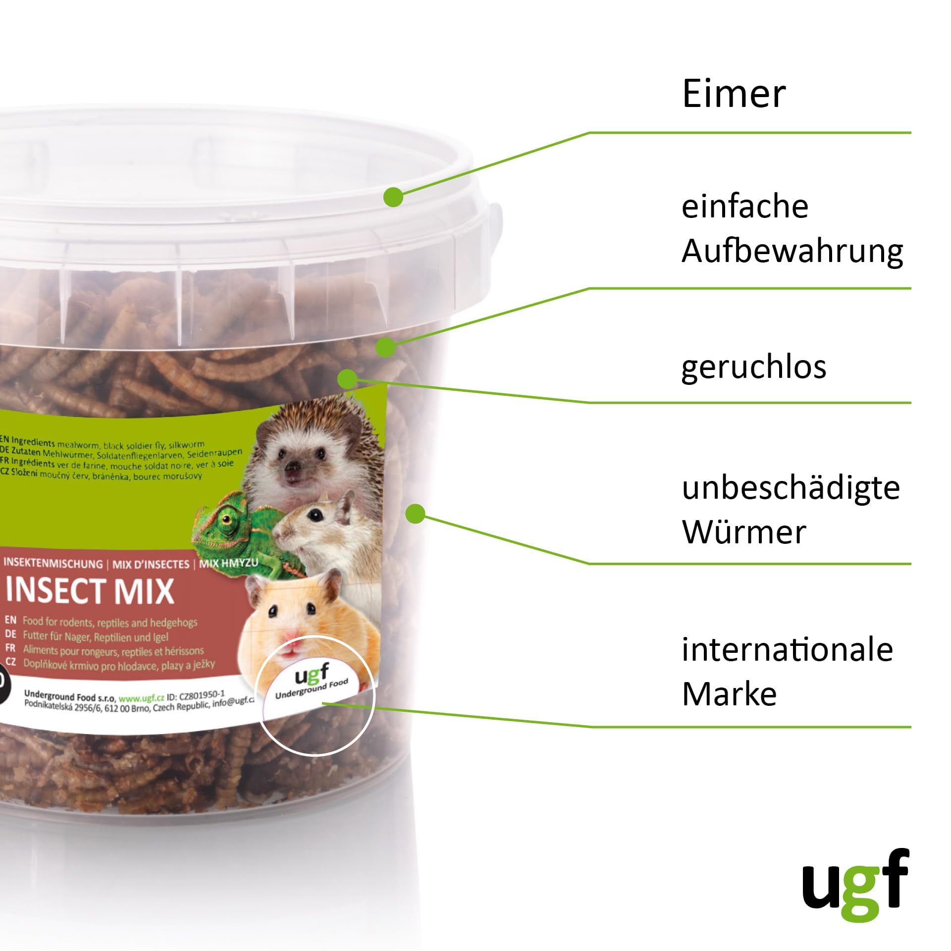 UGF Mix di insetti 80 g 500 ml cibo per ricci, gerbilli, criceti, ratti, lucertole - vermi della farina, larve di mosca soldato nera, bachi da seta