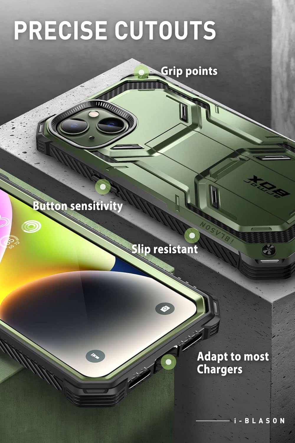 i-Blason Armorbox for iPhone 14 Plus Case with Stand & Belt Clip [Built-in Screen Protector] [Military-Grade Protection] Full-Body Rugged Kickstand Protective Bumper Case for iPhone 14 Plus (Guldan) - Image 5