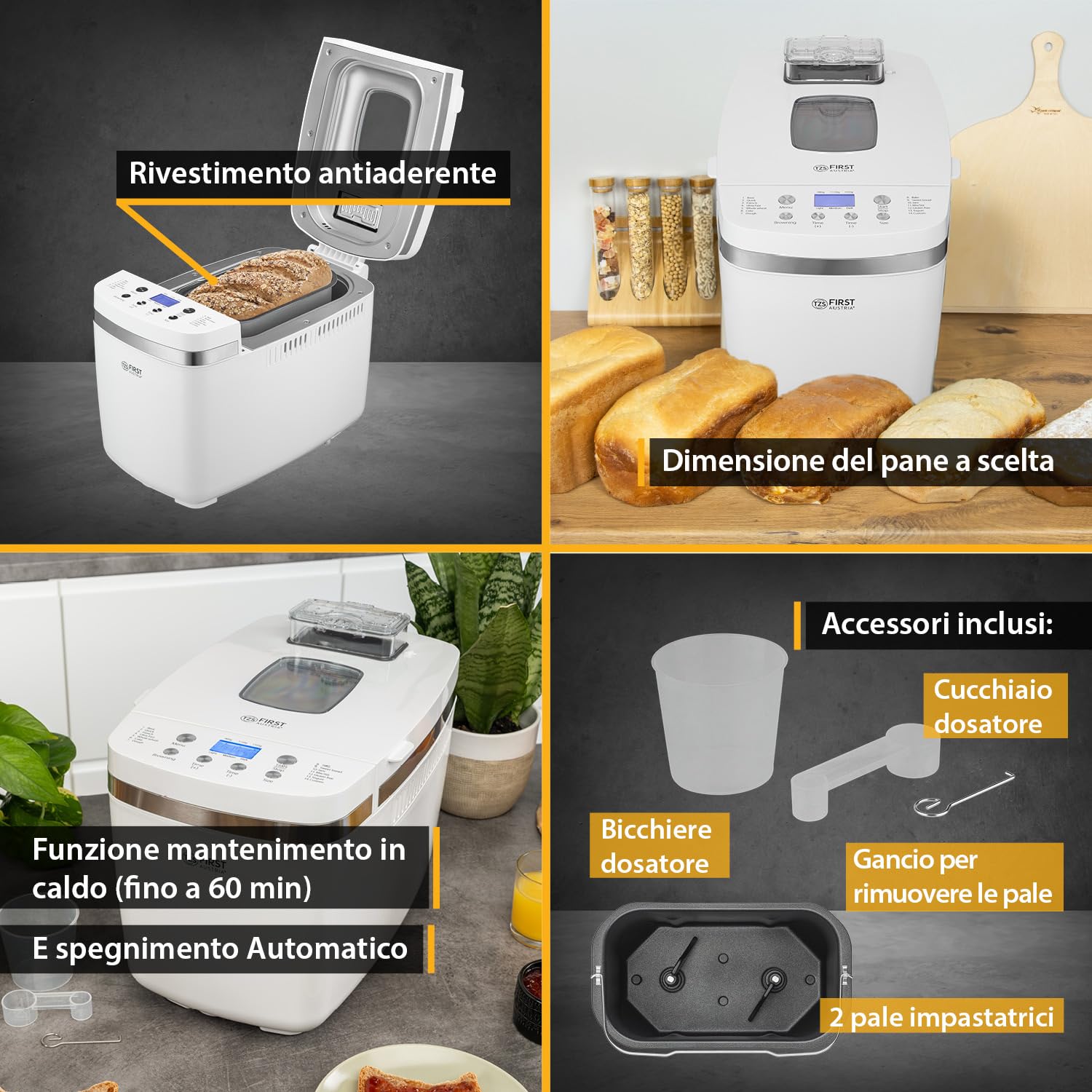 TZS First Austria - Macchina del Pane 850W - Per pane da 900g & 1350g - 14 Programmi automatici - Doratura regolabile, Timer & Funzione mantenimento calore